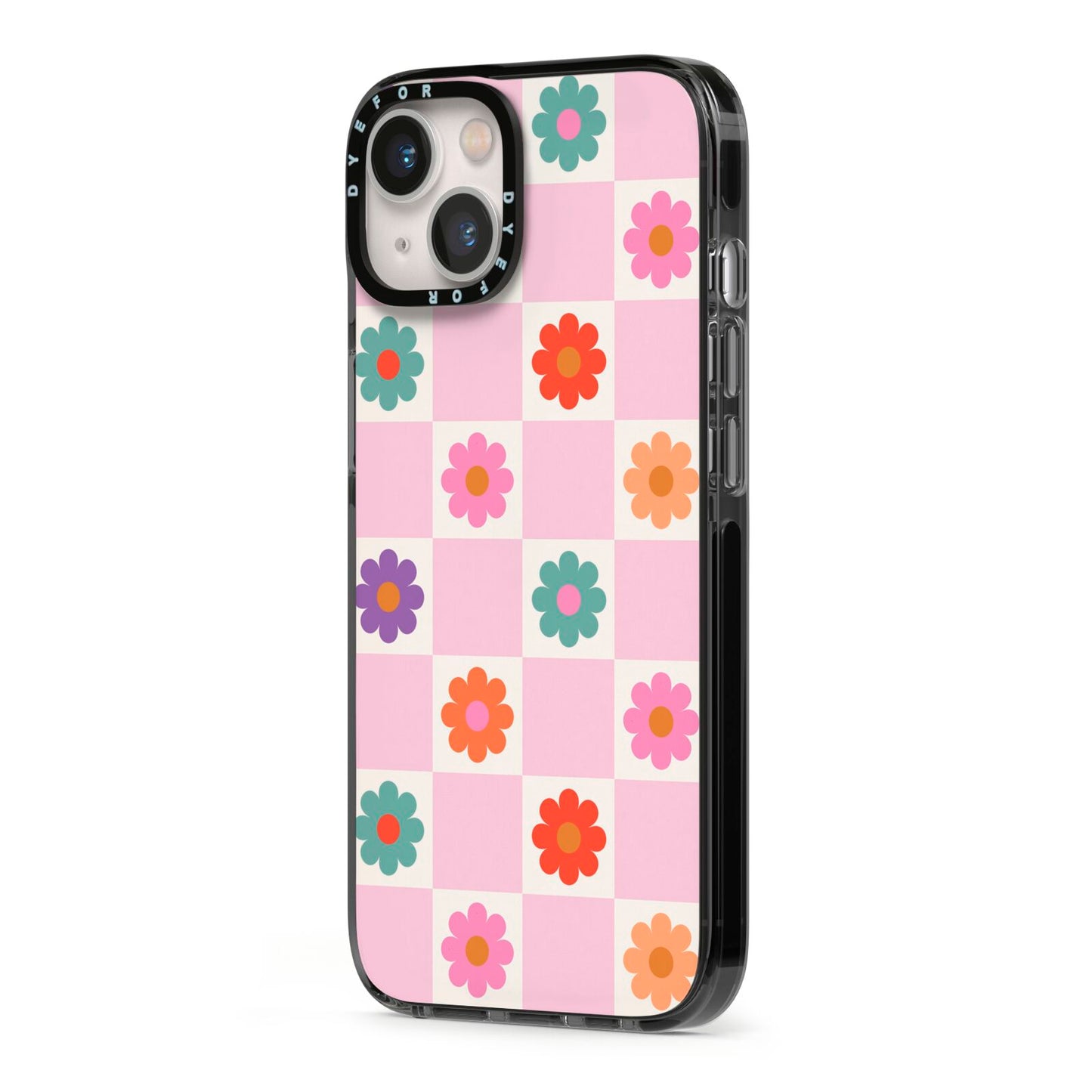 Checked flowers iPhone 13 Black Impact Case Side Angle on Silver phone