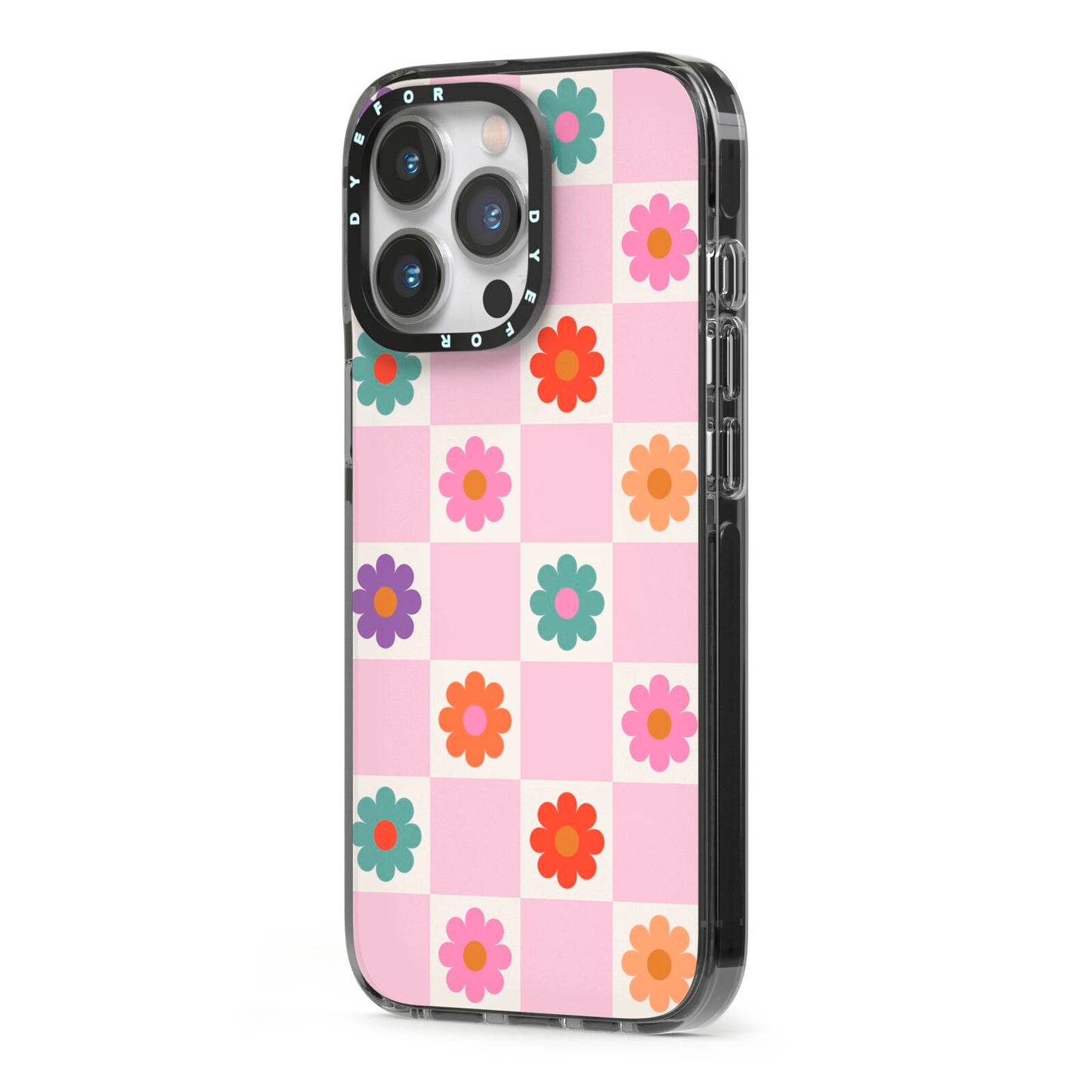 Checked flowers iPhone 13 Pro Black Impact Case Side Angle on Silver phone
