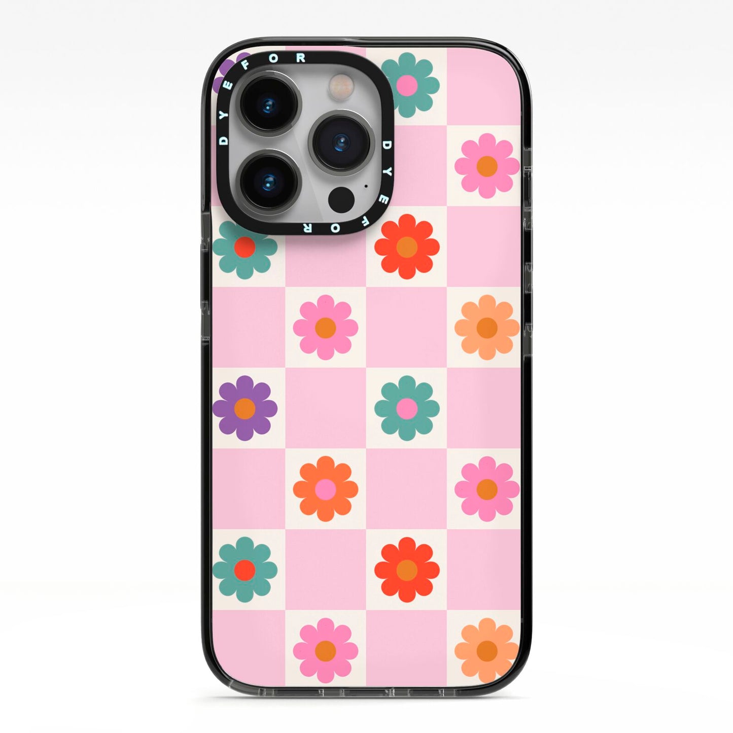 Checked flowers iPhone 13 Pro Black Impact Case on Silver phone