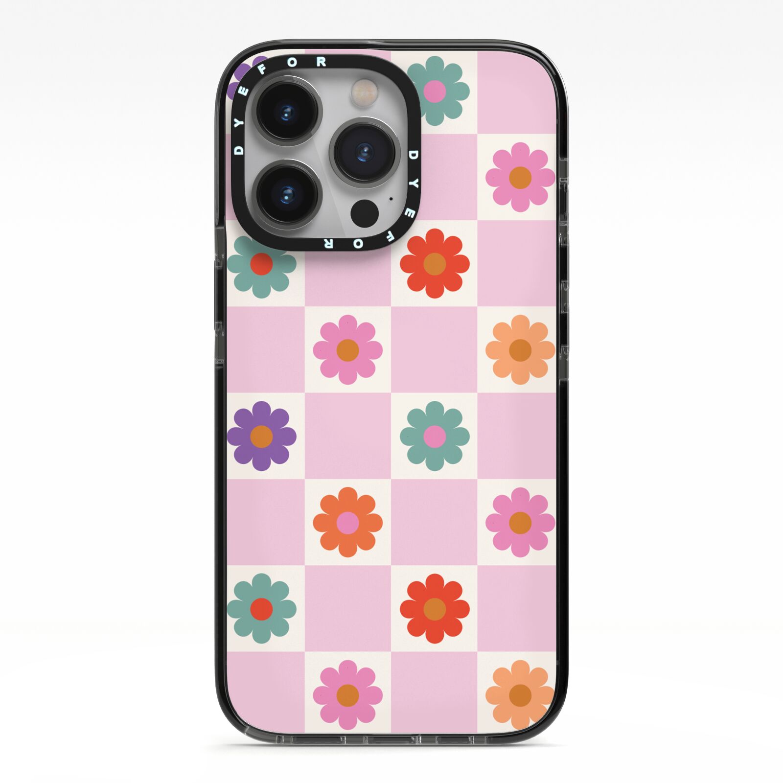 Checked flowers iPhone 13 Pro Black Impact Case on Silver phone
