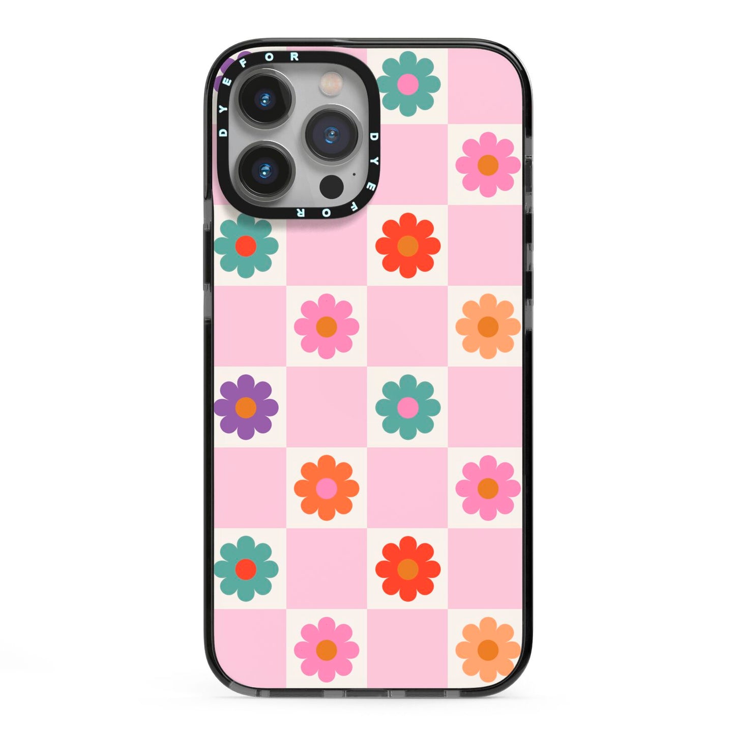 Checked flowers iPhone 13 Pro Max Black Impact Case on Silver phone