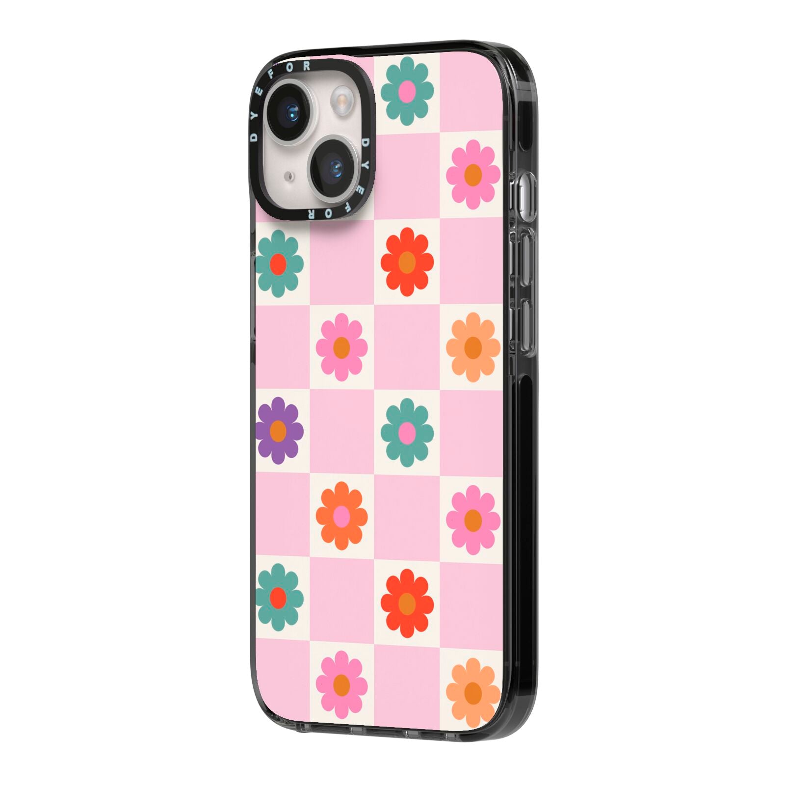 Checked flowers iPhone 14 Black Impact Case Side Angle on Silver phone