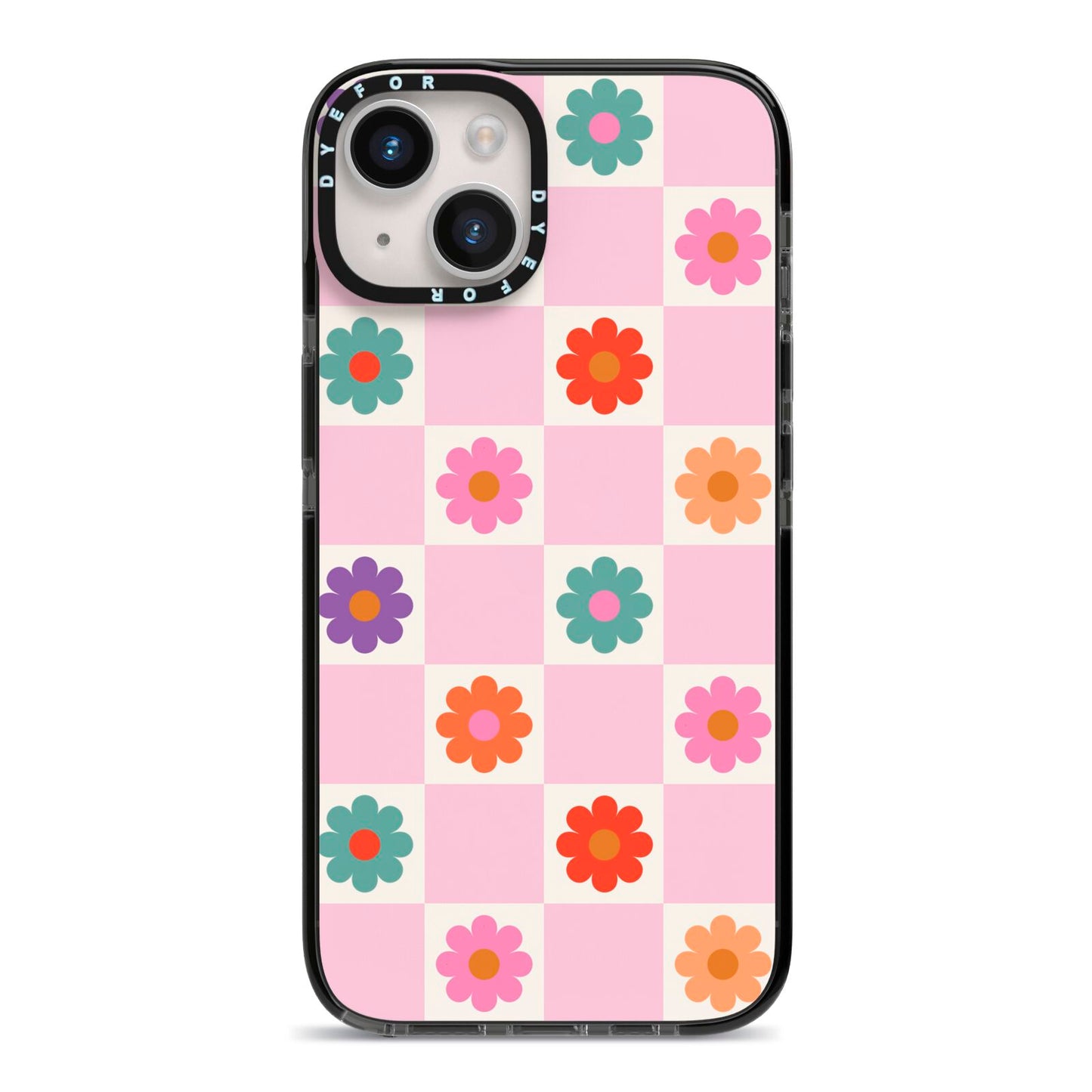 Checked flowers iPhone 14 Black Impact Case on Silver phone