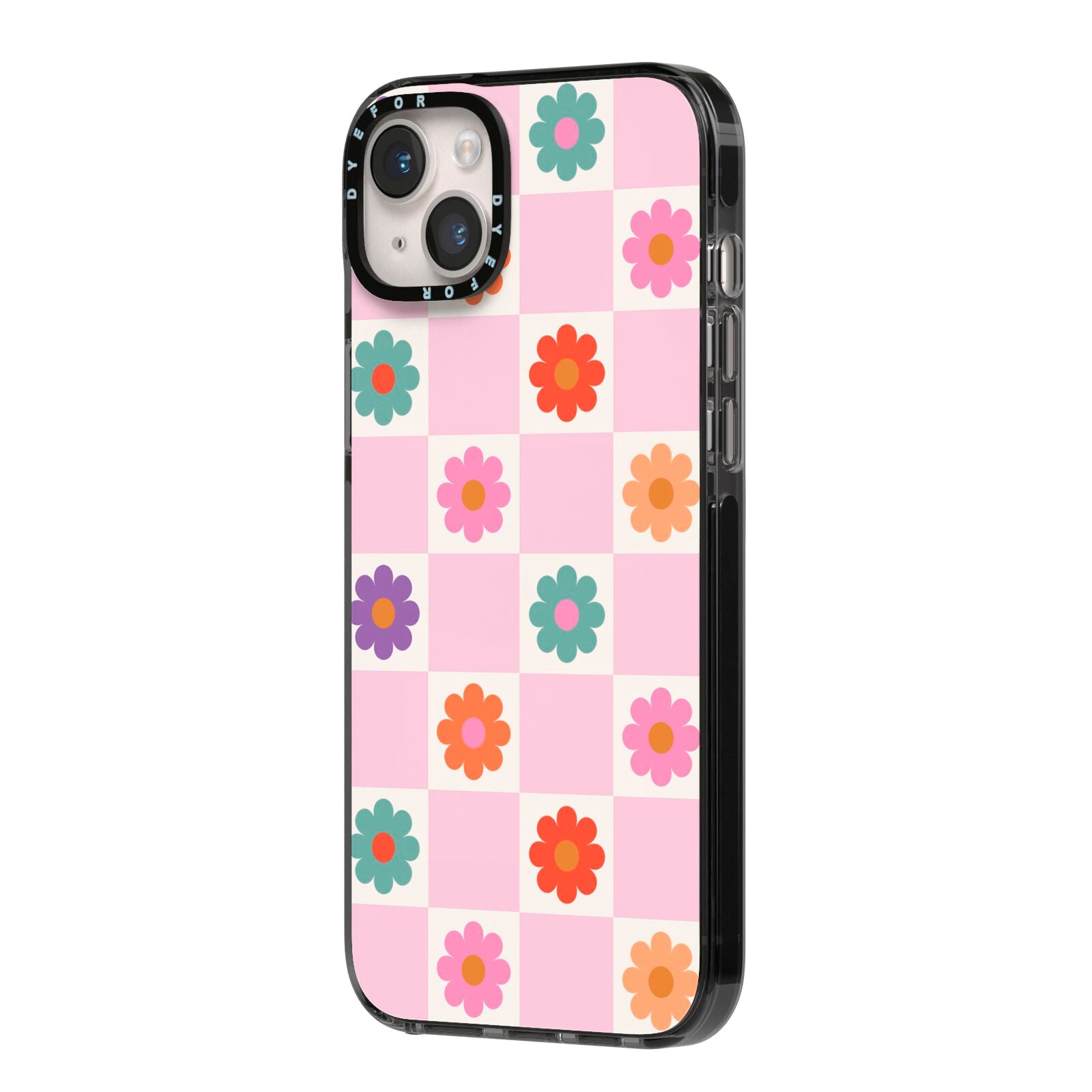 Checked flowers iPhone 14 Plus Black Impact Case Side Angle on Silver phone