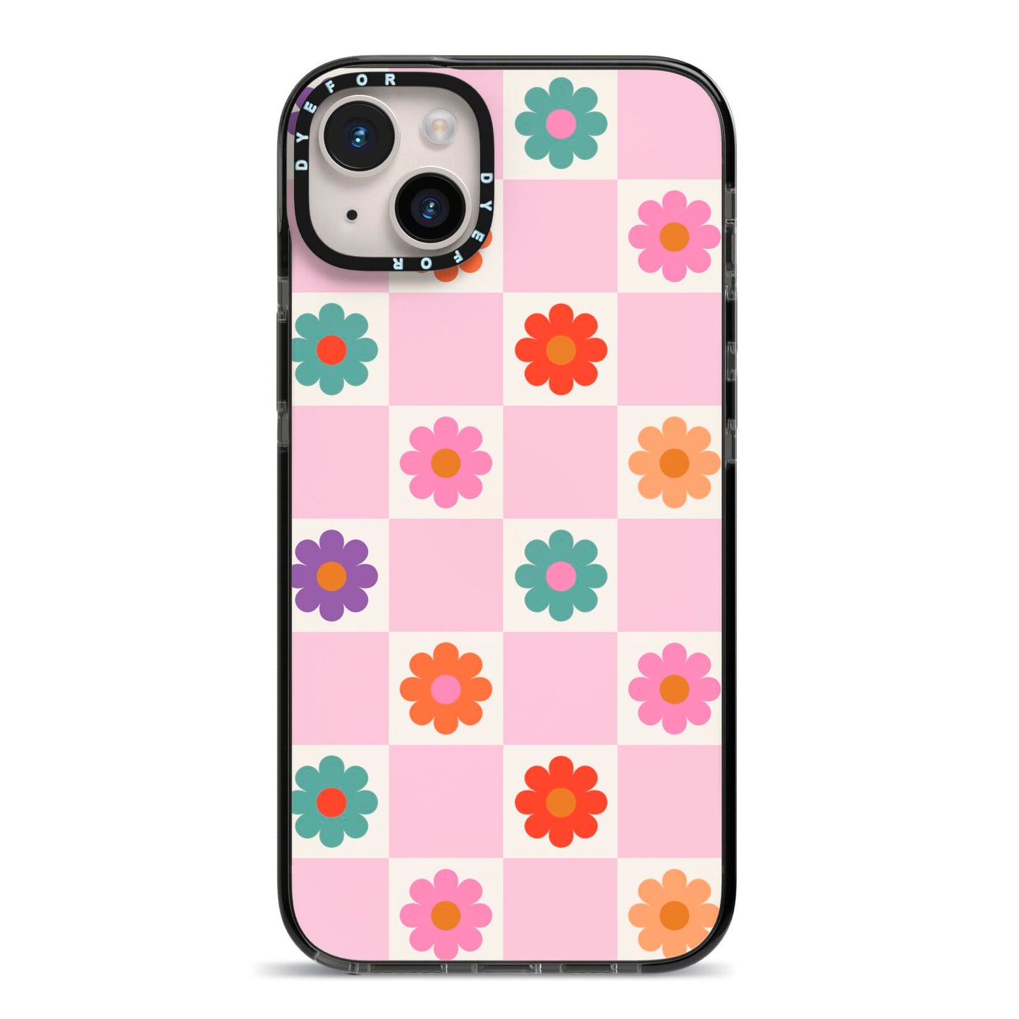 Checked flowers iPhone 14 Plus Black Impact Case on Silver phone