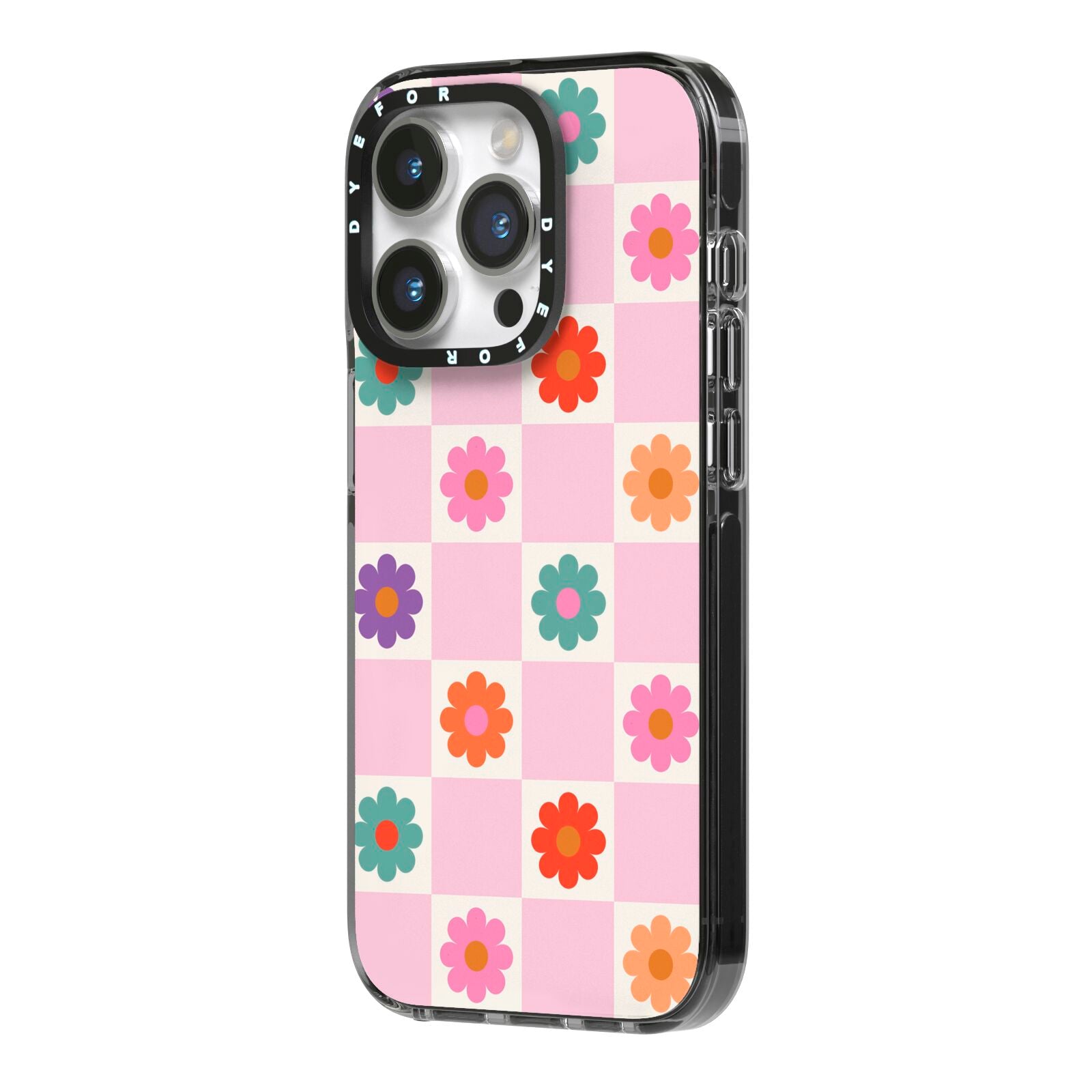 Checked flowers iPhone 14 Pro Black Impact Case Side Angle on Silver phone