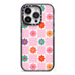Checked flowers iPhone 14 Pro Black Impact Case on Silver phone
