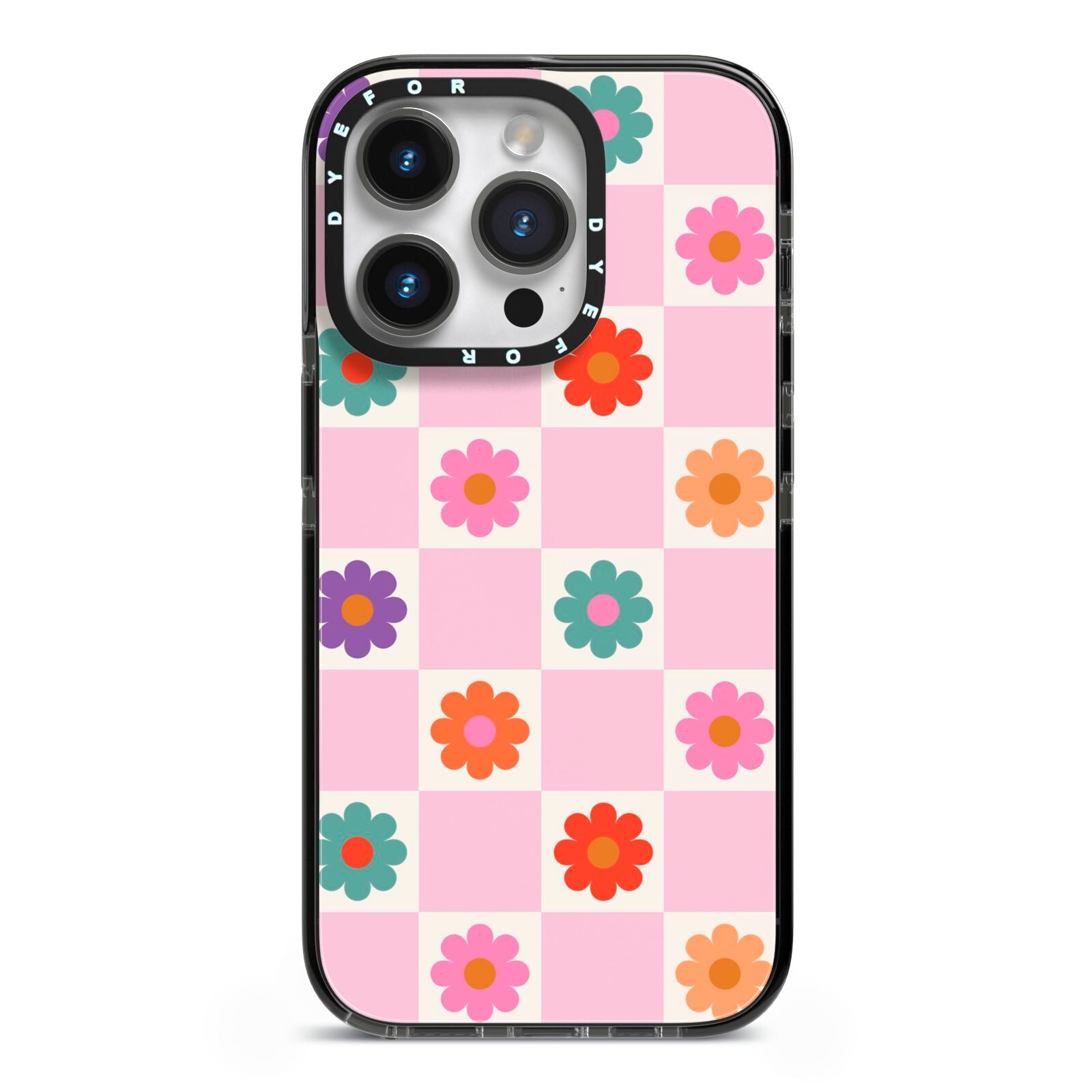 Checked flowers iPhone 14 Pro Black Impact Case on Silver phone