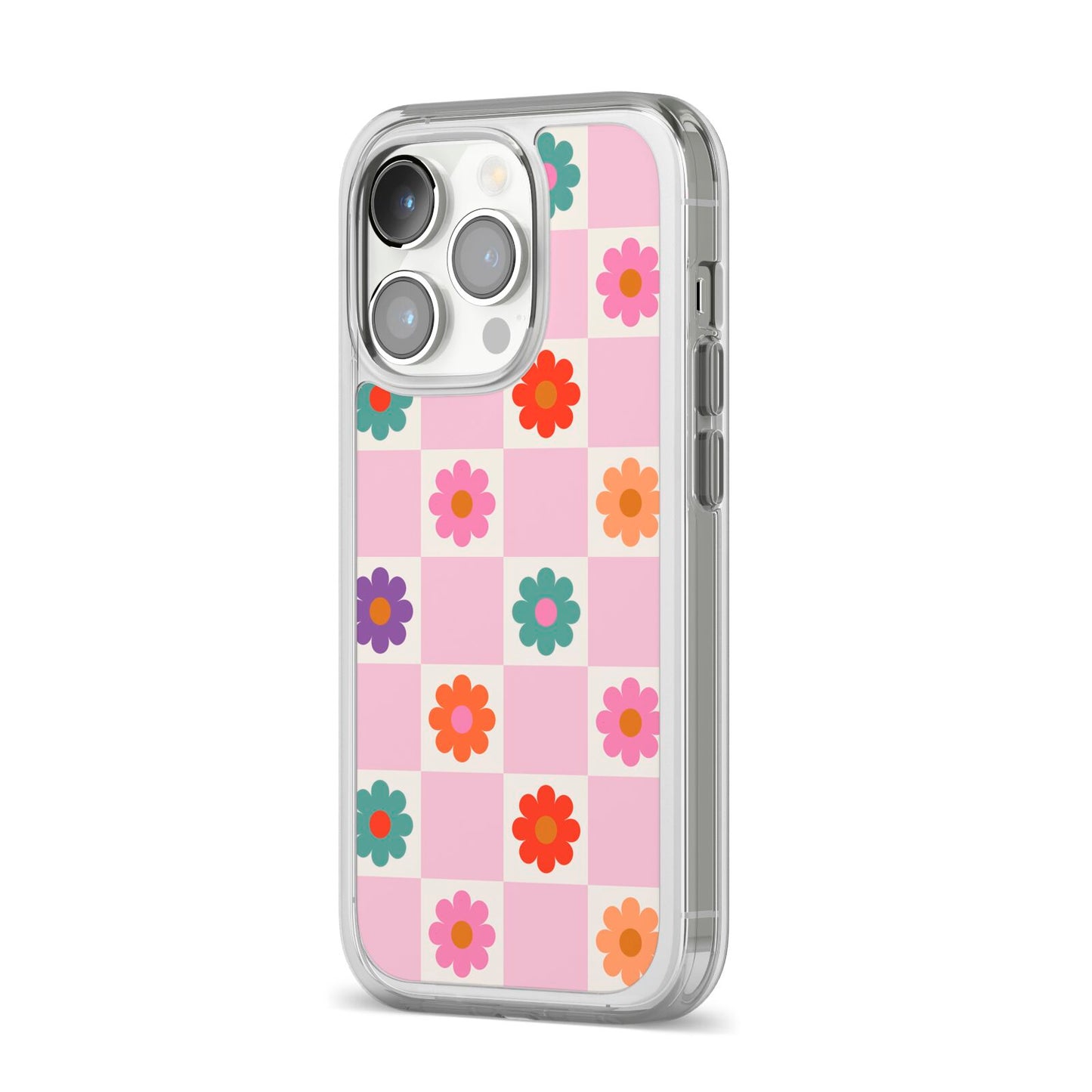 Checked flowers iPhone 14 Pro Clear Tough Case Silver Angled Image