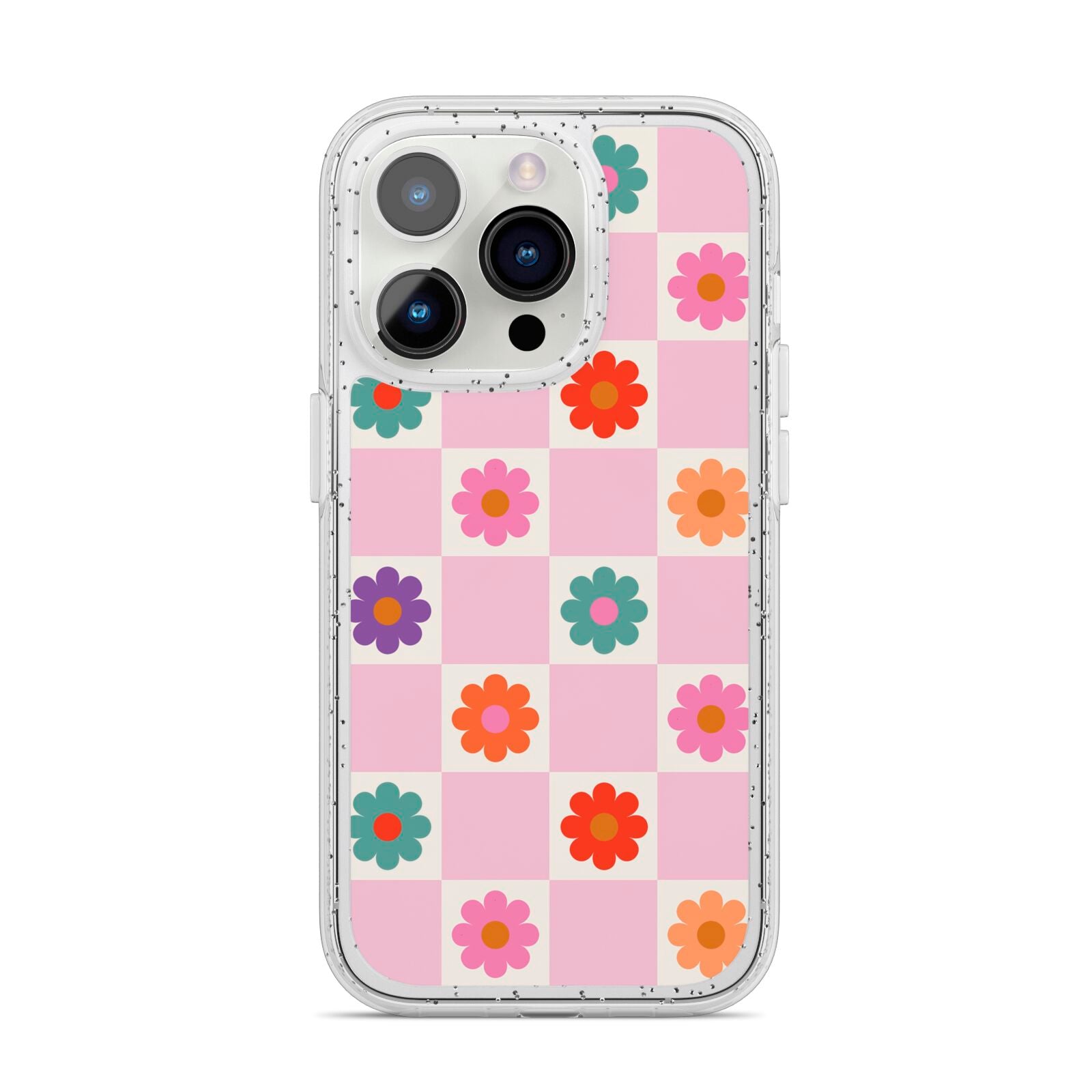 Checked flowers iPhone 14 Pro Glitter Tough Case Silver