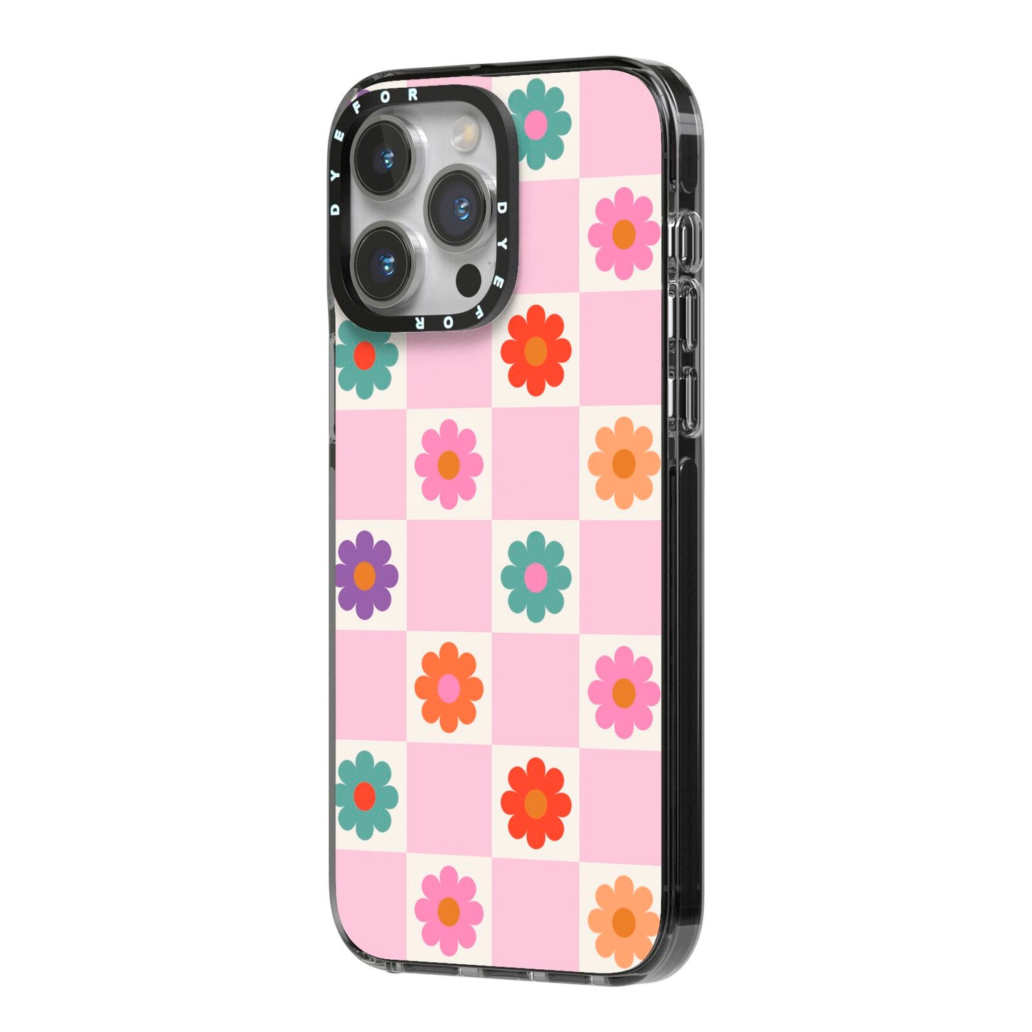 Checked flowers iPhone 14 Pro Max Black Impact Case Side Angle on Silver phone