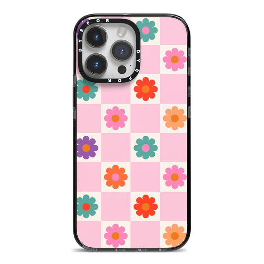 Checked flowers iPhone 14 Pro Max Black Impact Case on Silver phone