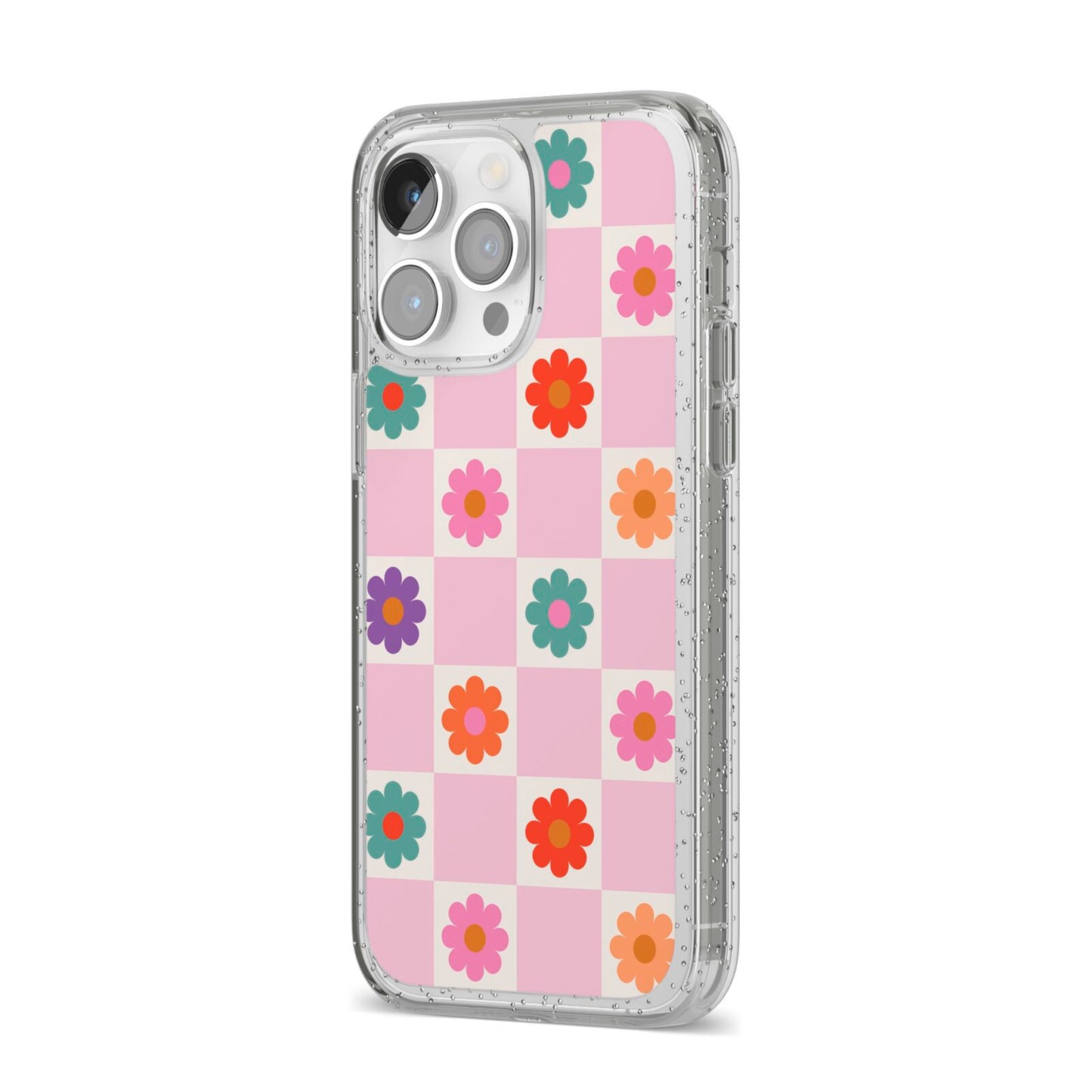 Checked flowers iPhone 14 Pro Max Glitter Tough Case Silver Angled Image