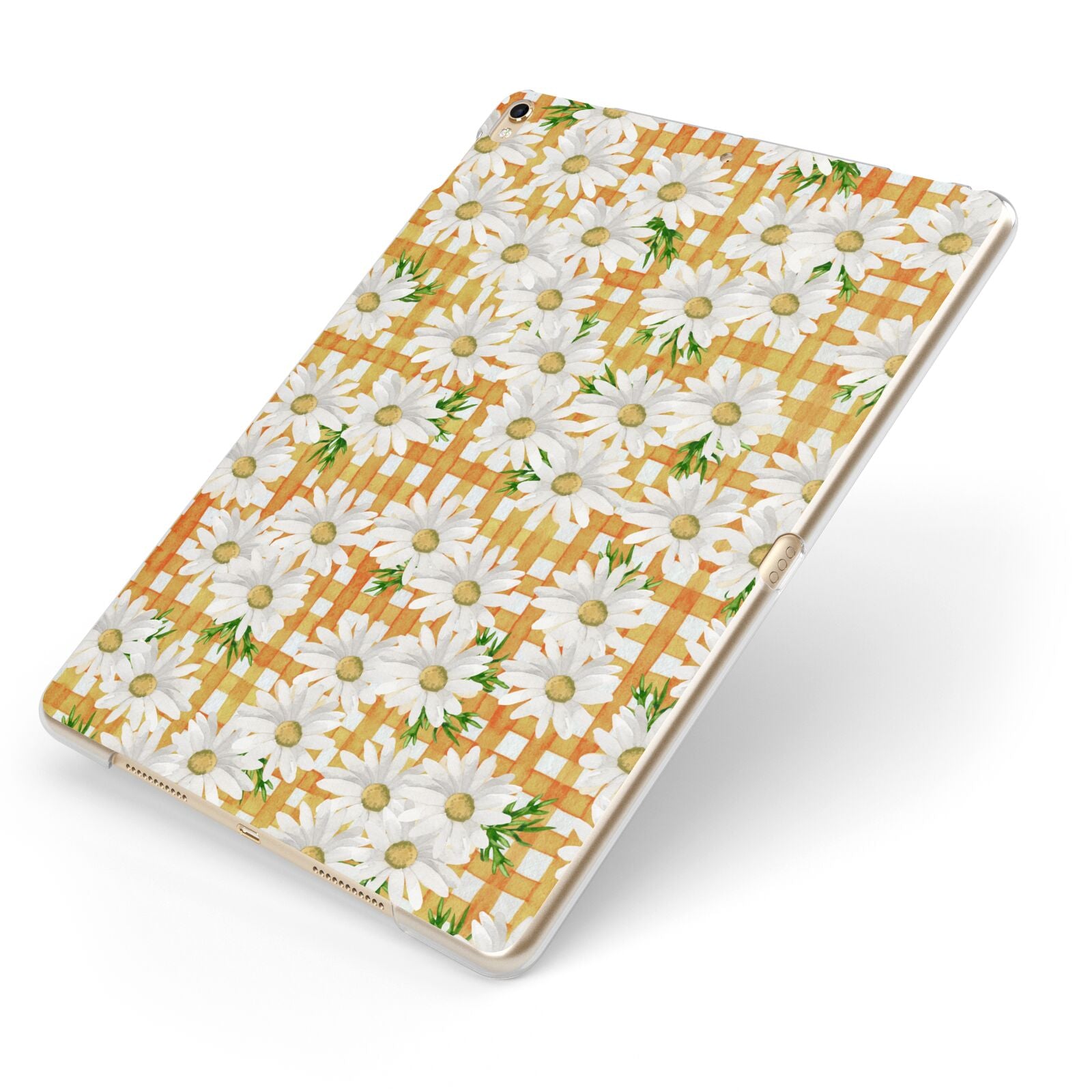 Checkered Daisy Apple iPad Case on Gold iPad Side View