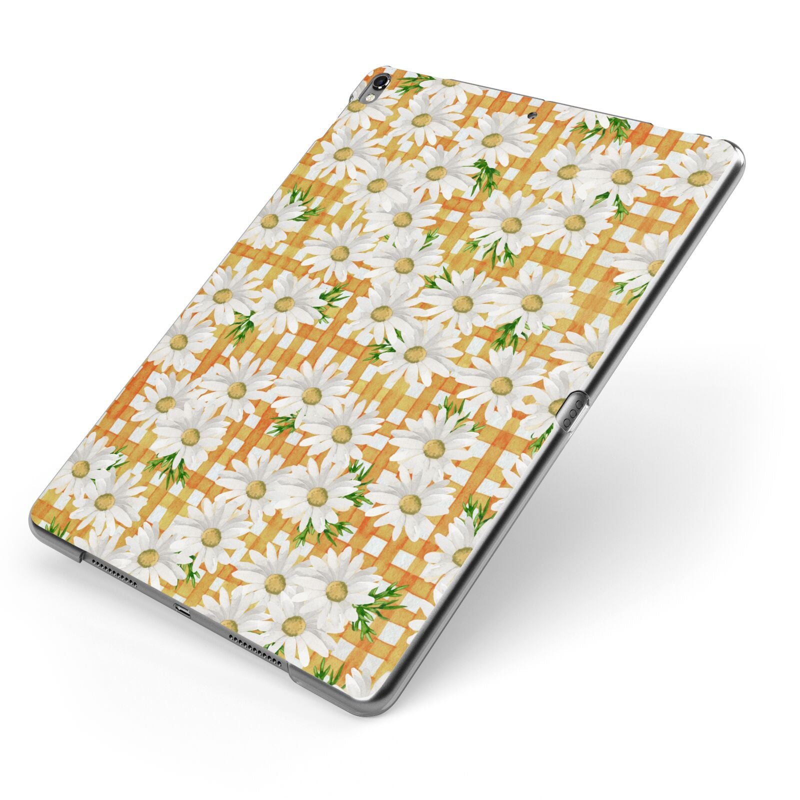 Checkered Daisy Apple iPad Case on Grey iPad Side View