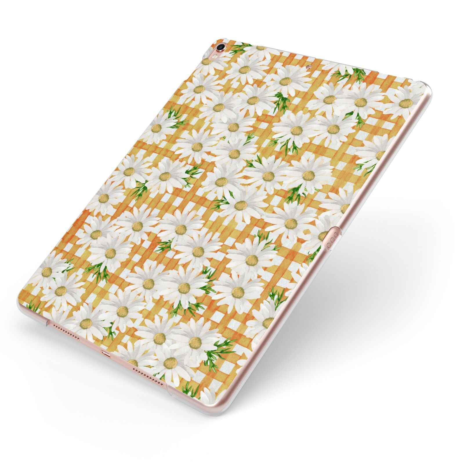 Checkered Daisy Apple iPad Case on Rose Gold iPad Side View