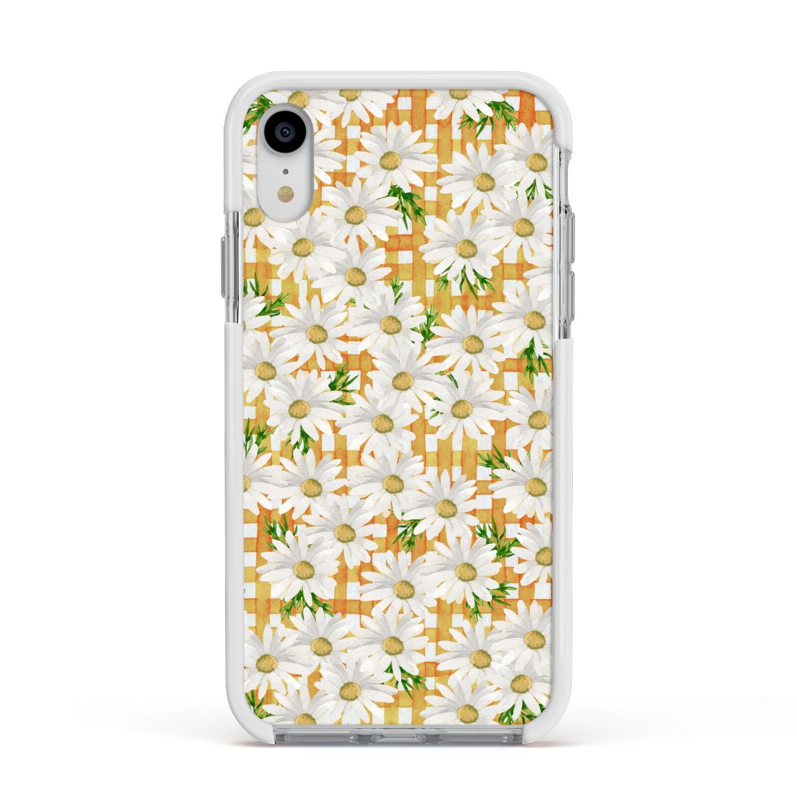 Checkered Daisy Apple iPhone XR Impact Case White Edge on Silver Phone