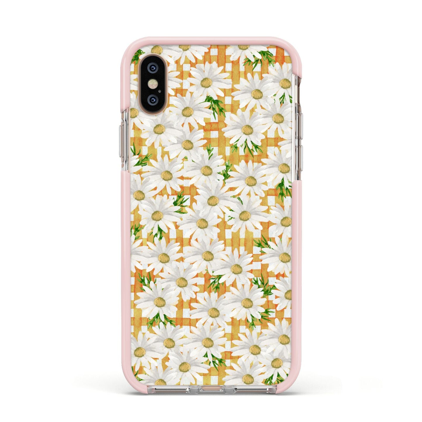 Checkered Daisy Apple iPhone Xs Impact Case Pink Edge on Gold Phone