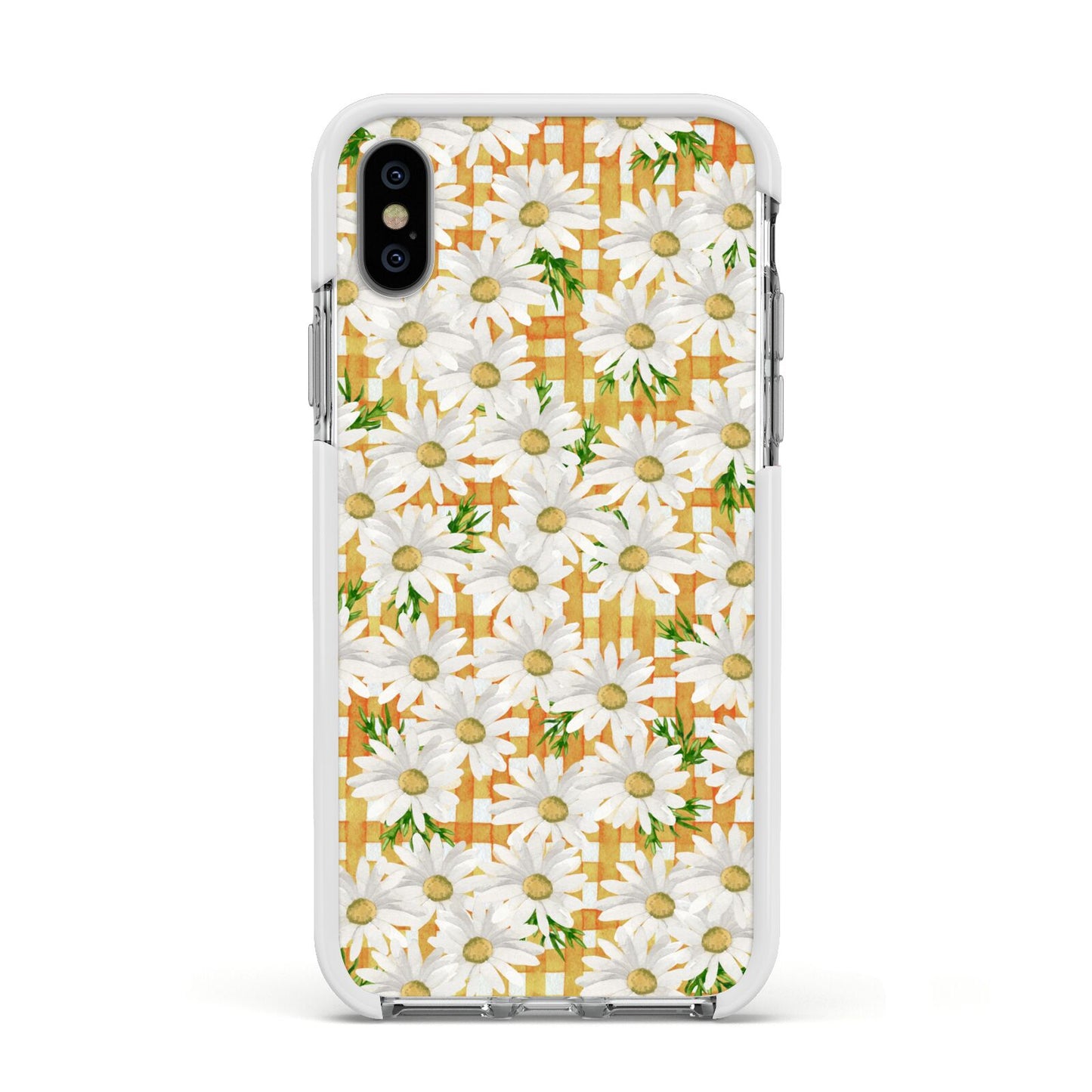 Checkered Daisy Apple iPhone Xs Impact Case White Edge on Silver Phone