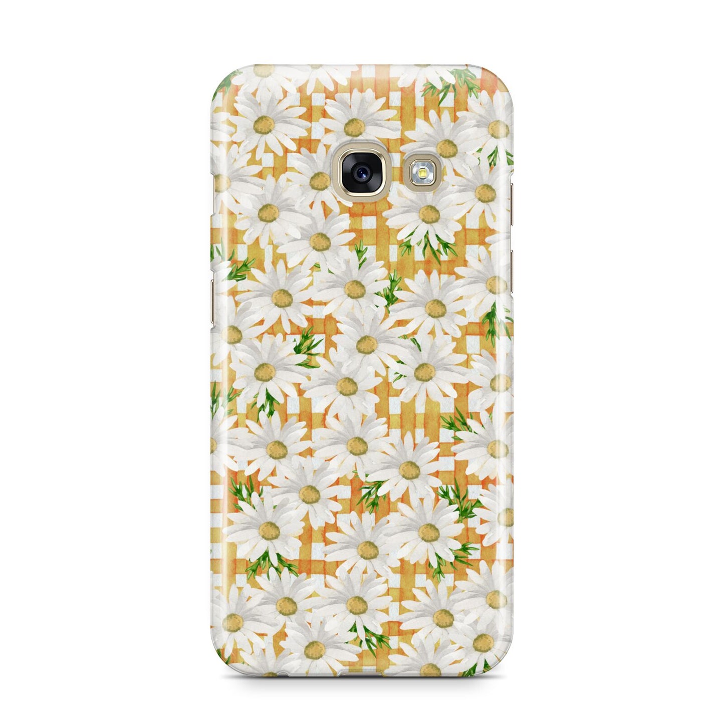 Checkered Daisy Samsung Galaxy A3 2017 Case on gold phone