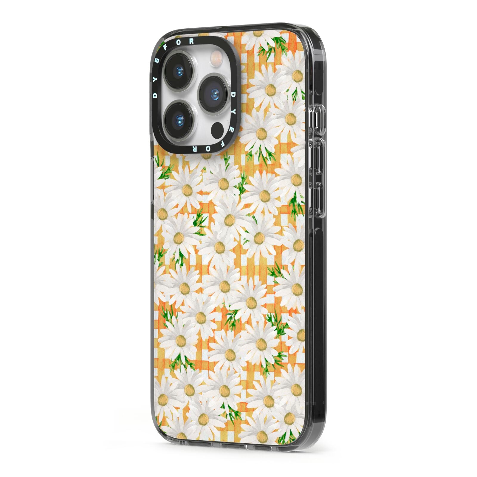 Checkered Daisy iPhone 13 Pro Black Impact Case Side Angle on Silver phone