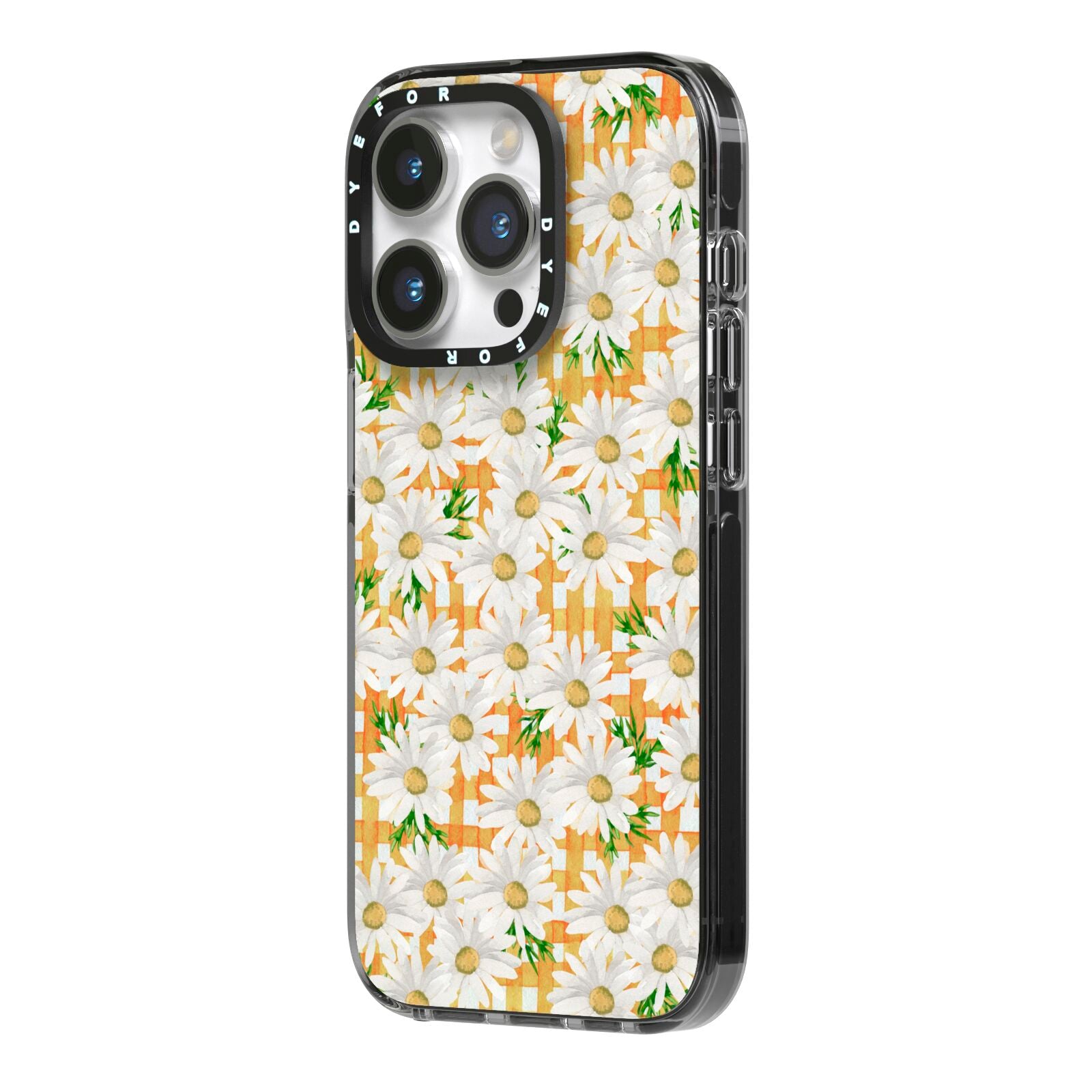 Checkered Daisy iPhone 14 Pro Black Impact Case Side Angle on Silver phone