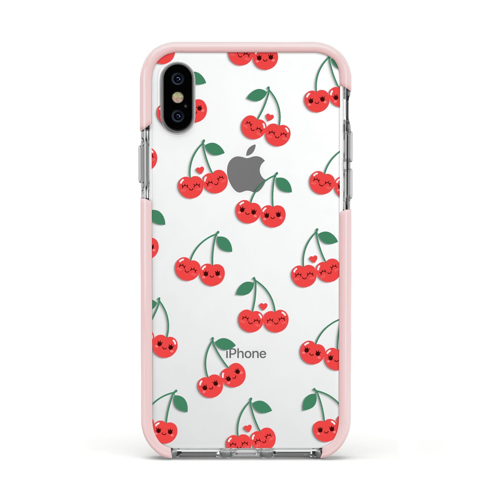 Cherry Apple iPhone Xs Impact Case Pink Edge on Silver Phone
