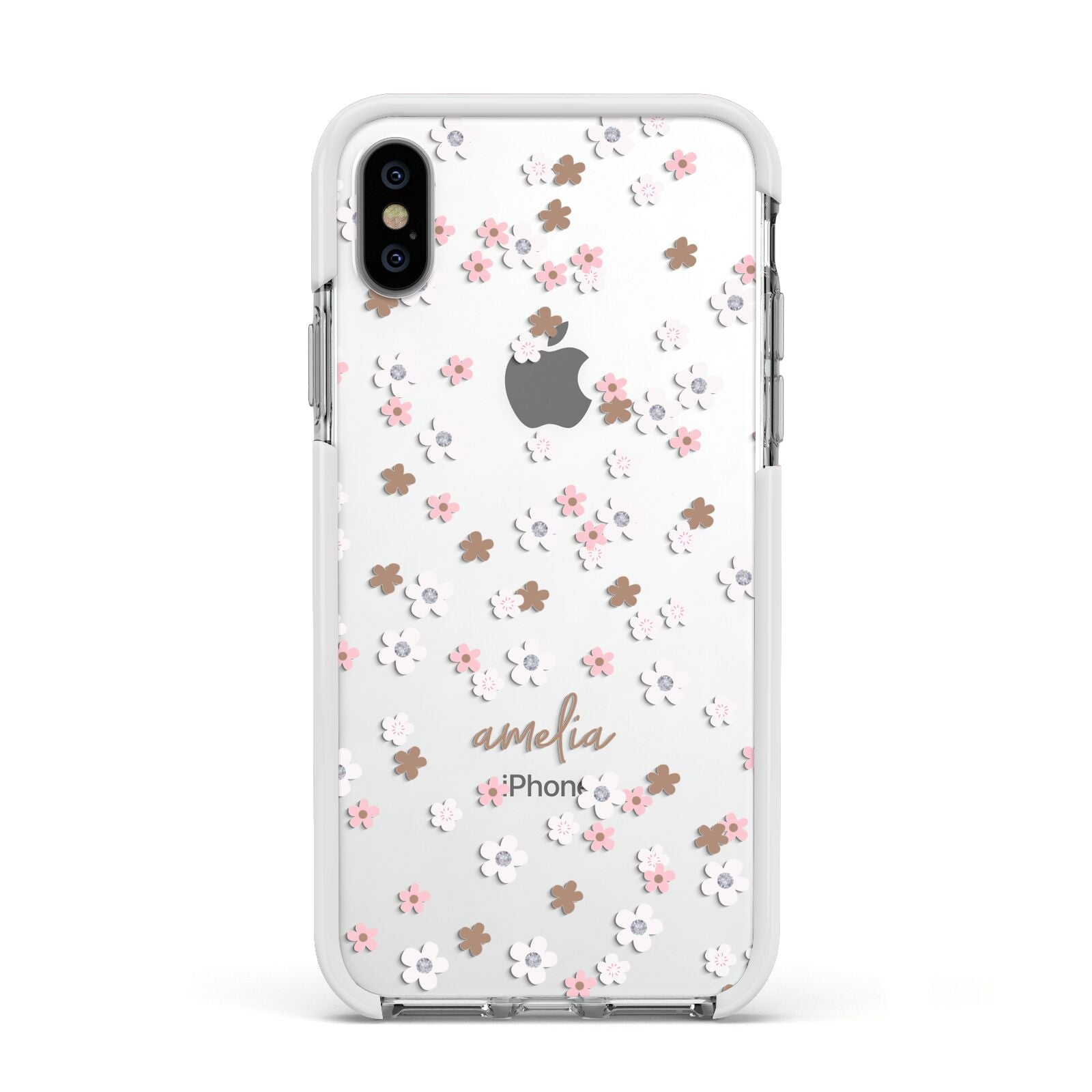 Cherry Blossom with Name Apple iPhone Xs Impact Case White Edge on Silver Phone