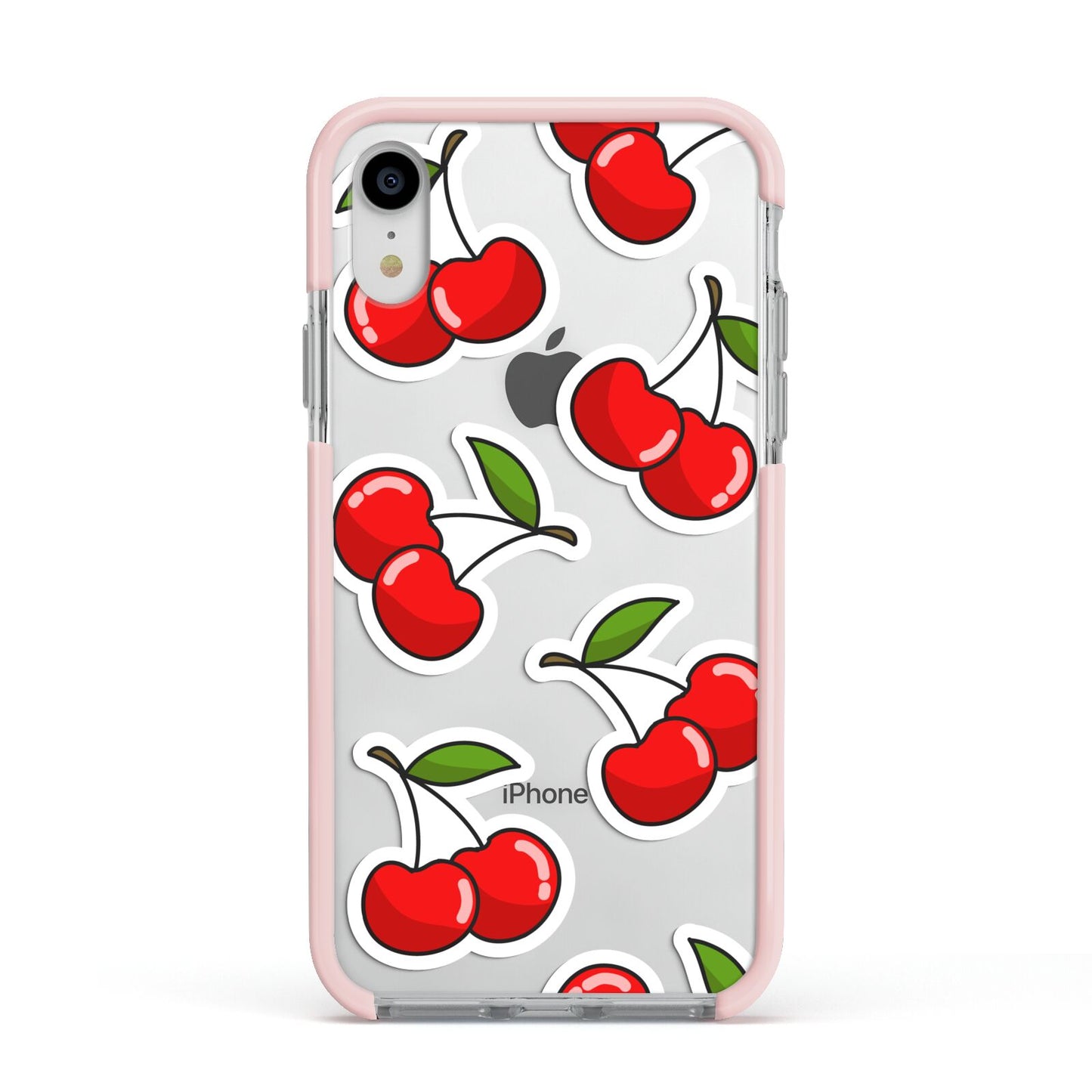 Cherry Pattern Apple iPhone XR Impact Case Pink Edge on Silver Phone