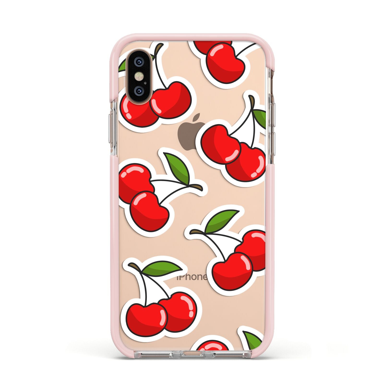 Cherry Pattern Apple iPhone Xs Impact Case Pink Edge on Gold Phone