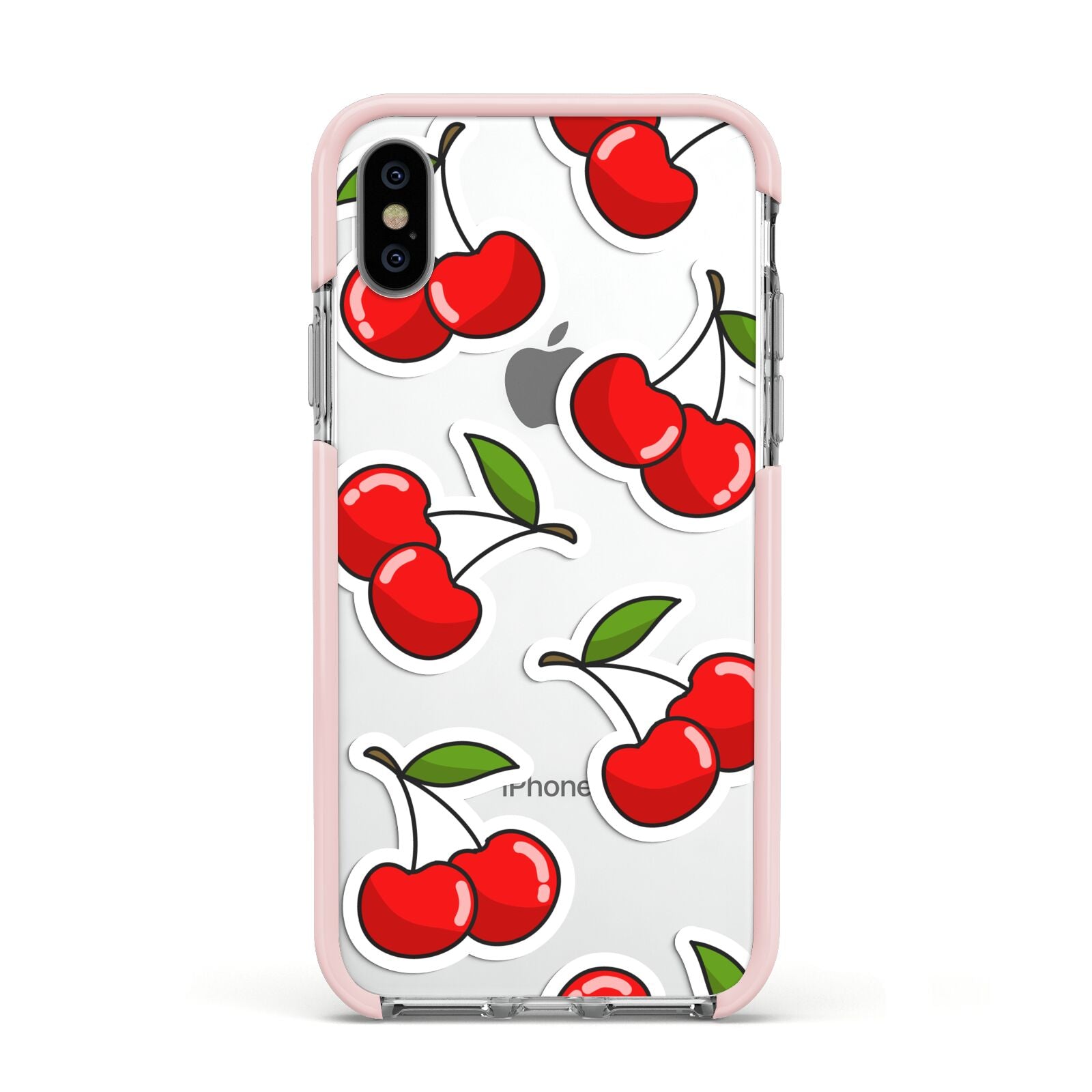 Cherry Pattern Apple iPhone Xs Impact Case Pink Edge on Silver Phone