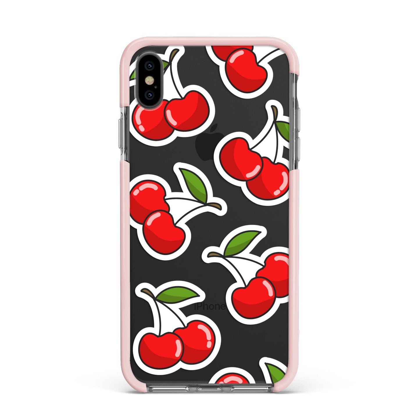 Cherry Pattern Apple iPhone Xs Max Impact Case Pink Edge on Black Phone