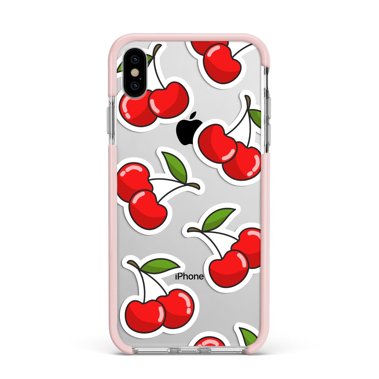 Cherry Pattern Apple iPhone Xs Max Impact Case Pink Edge on Silver Phone
