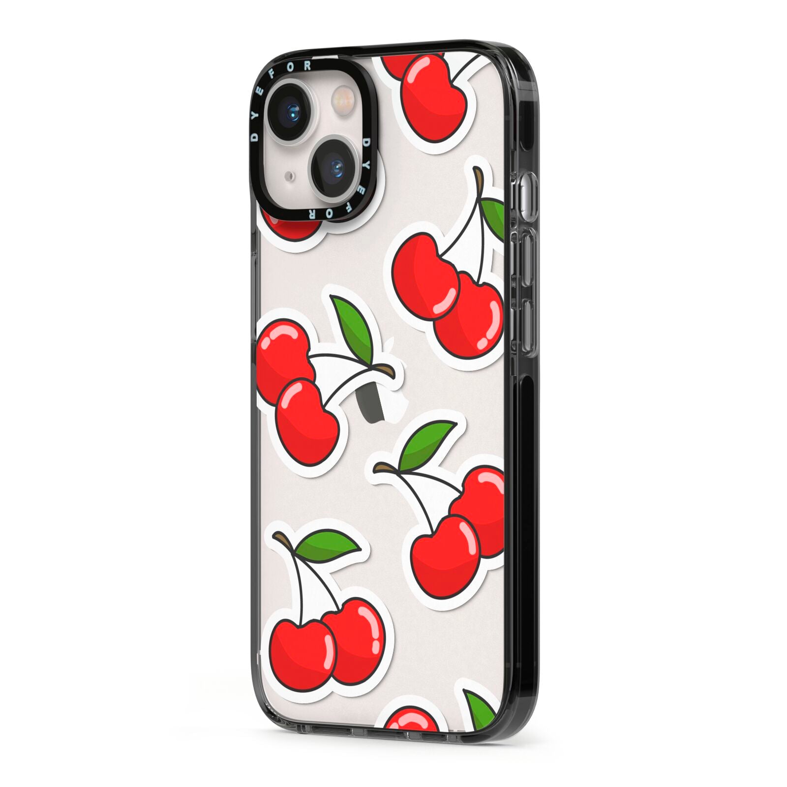Cherry Pattern iPhone 13 Black Impact Case Side Angle on Silver phone