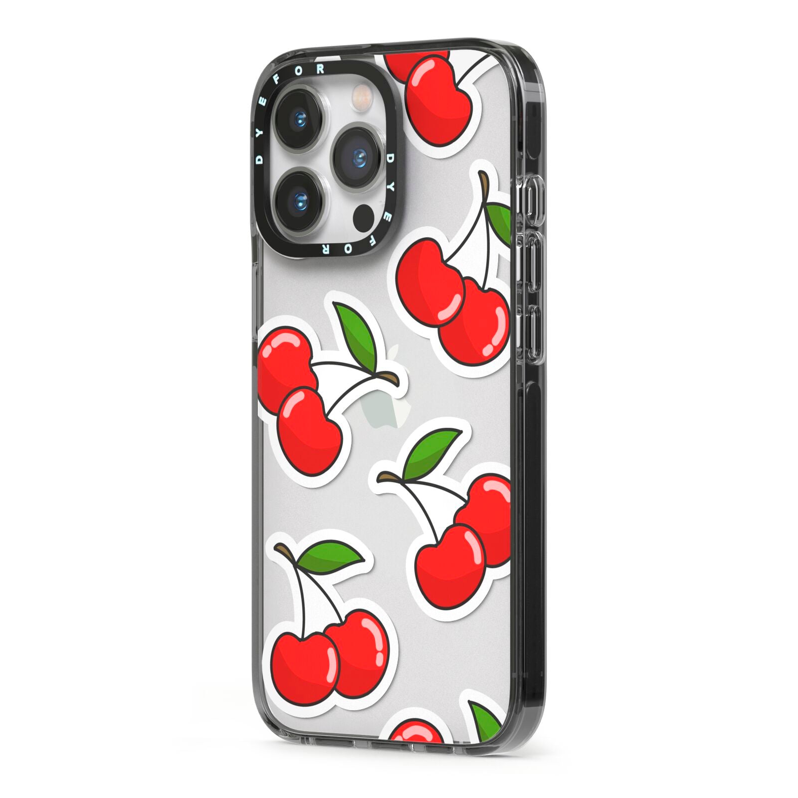 Cherry Pattern iPhone 13 Pro Black Impact Case Side Angle on Silver phone
