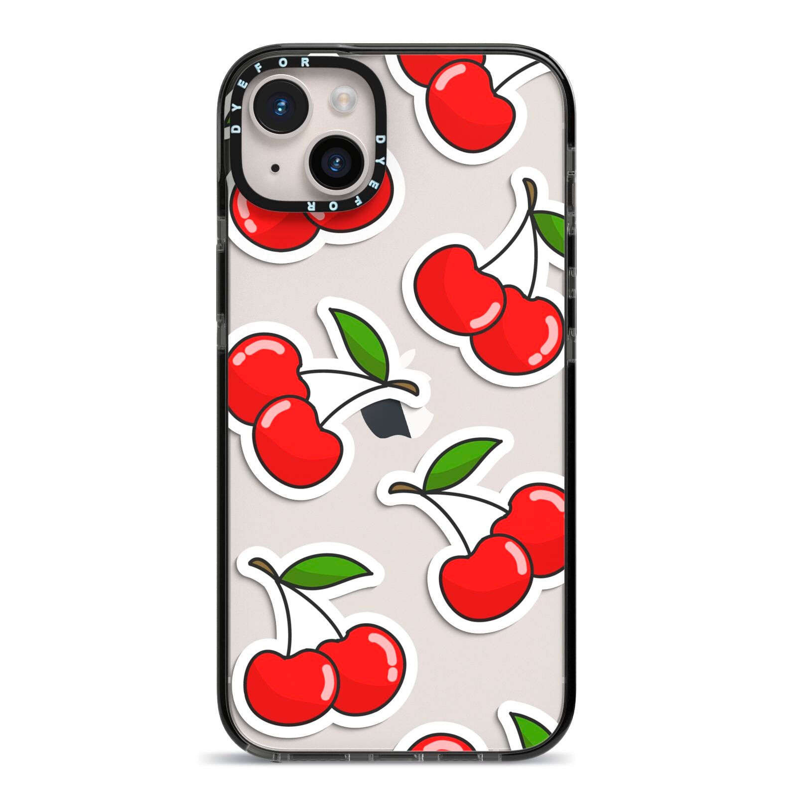 Cherry Pattern iPhone 14 Plus Black Impact Case on Silver phone