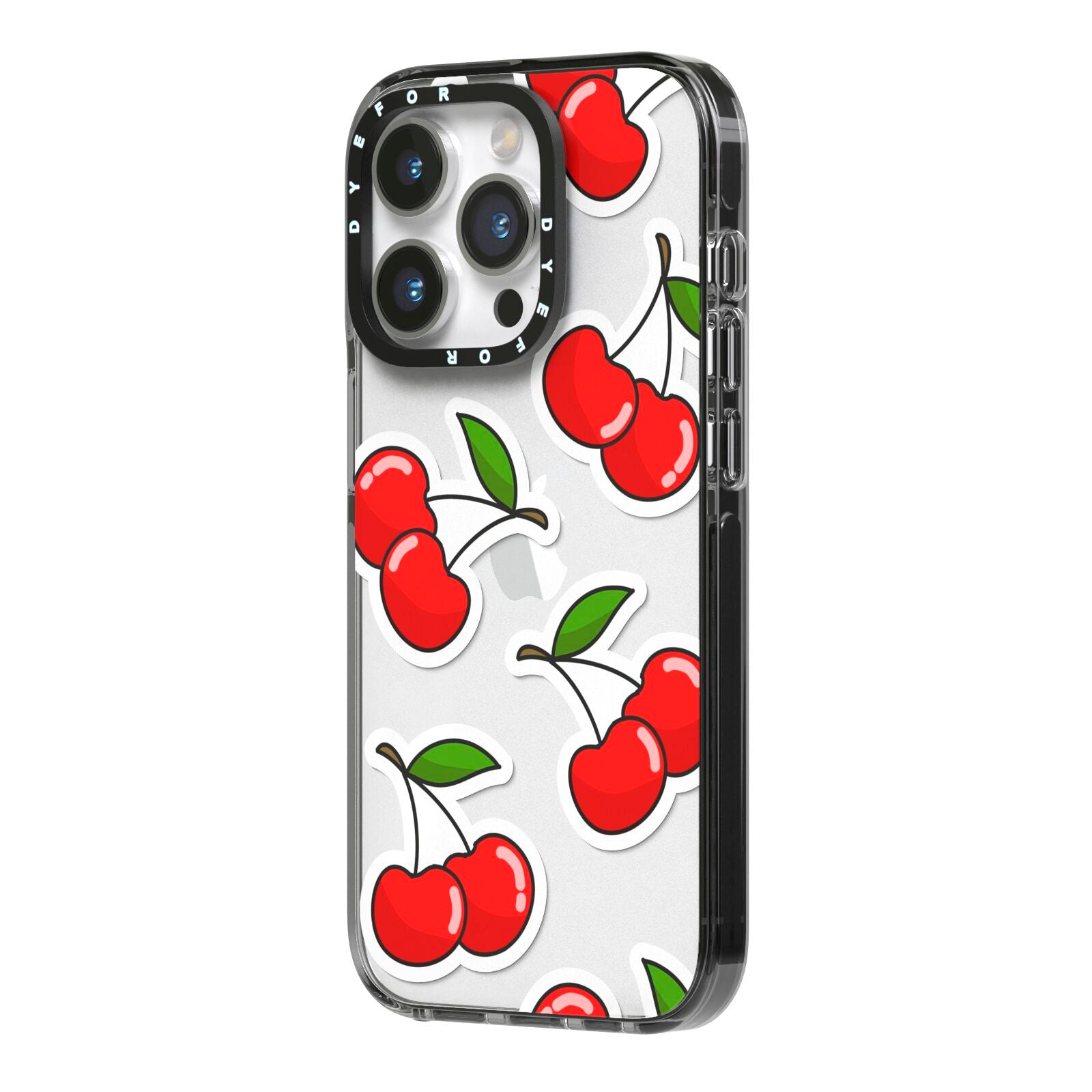 Cherry Pattern iPhone 14 Pro Black Impact Case Side Angle on Silver phone