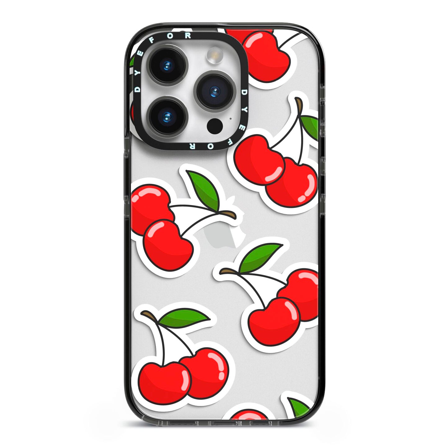 Cherry Pattern iPhone 14 Pro Black Impact Case on Silver phone
