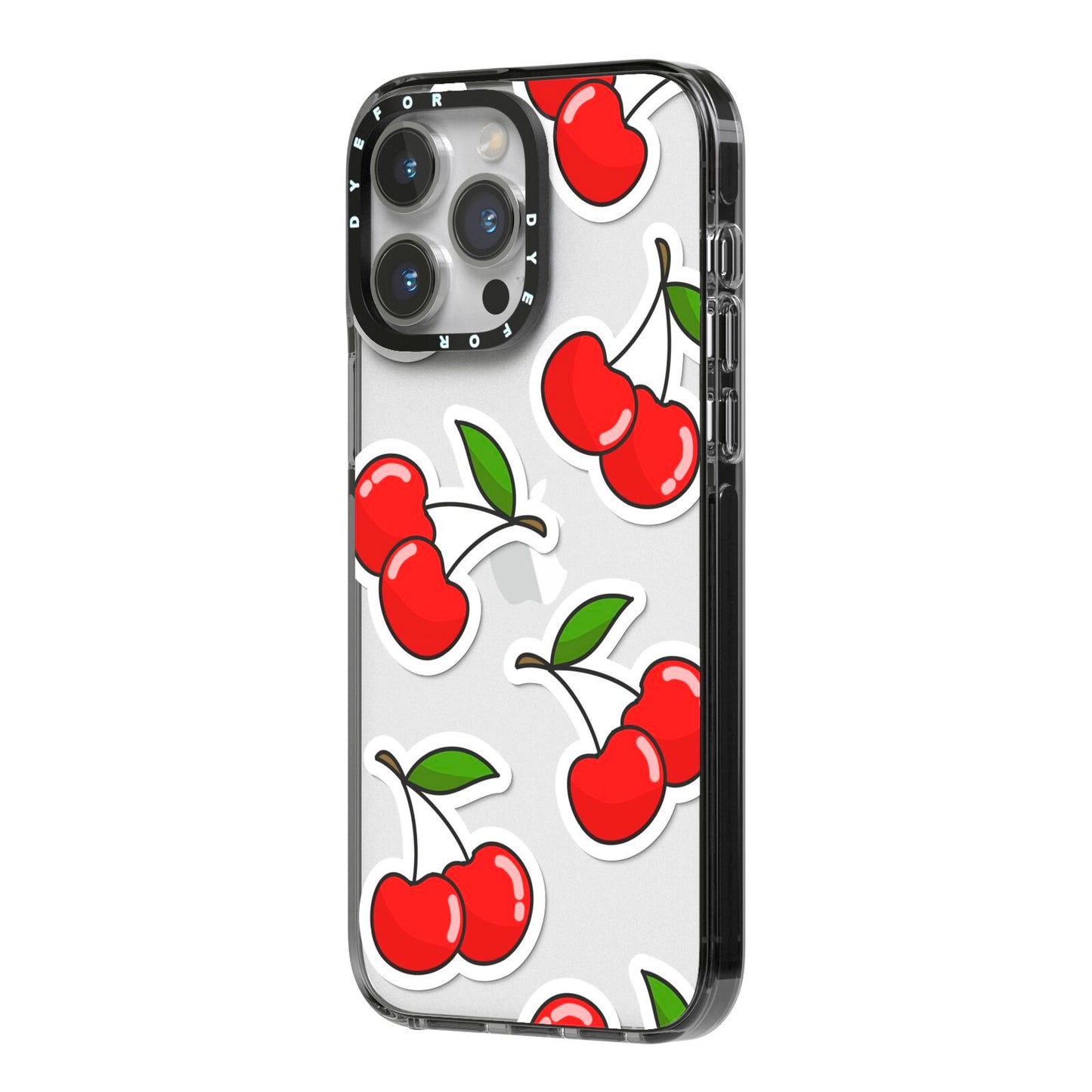 Cherry Pattern iPhone 14 Pro Max Black Impact Case Side Angle on Silver phone