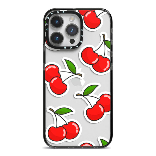 Cherry Pattern iPhone 14 Pro Max Black Impact Case on Silver phone