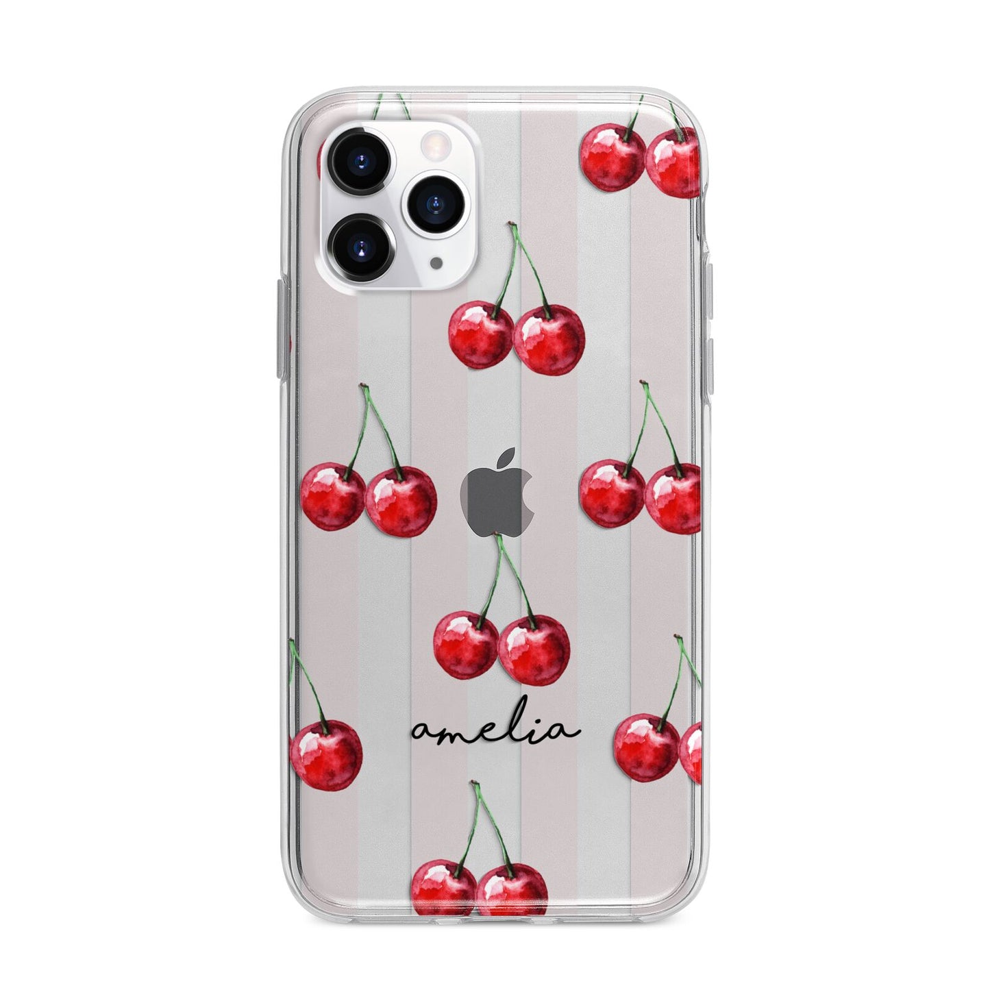 Cherry and Stripes with Name Apple iPhone 11 Pro Max in Silver with Bumper Case