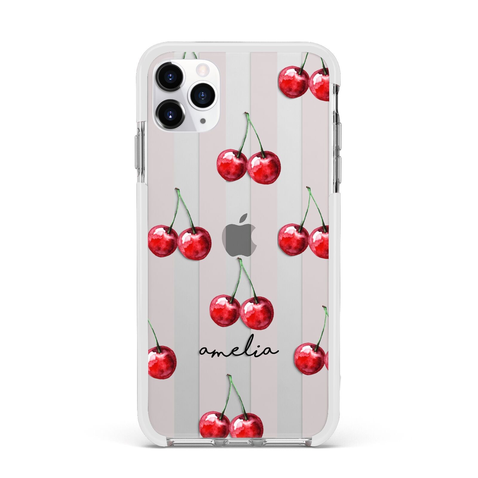 Cherry and Stripes with Name Apple iPhone 11 Pro Max in Silver with White Impact Case