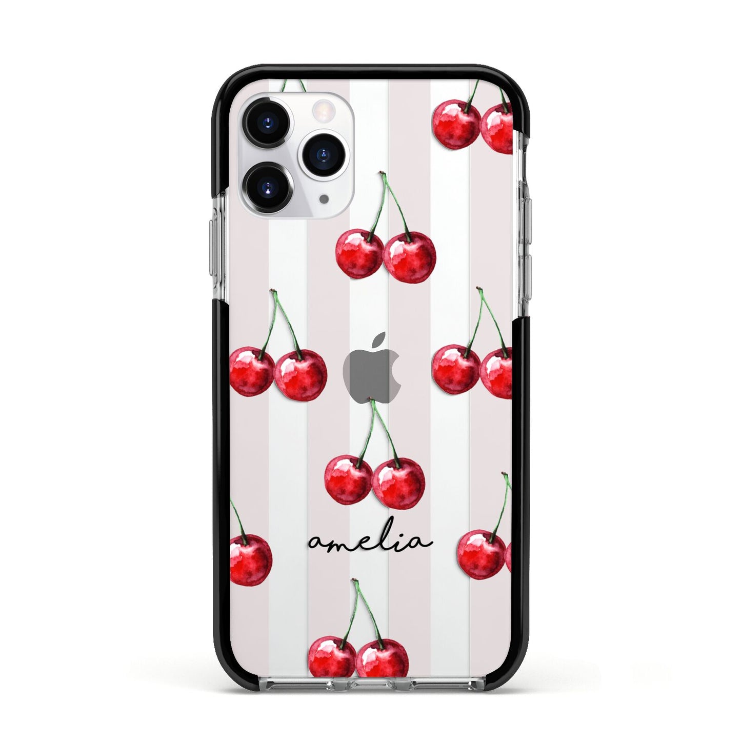 Cherry and Stripes with Name Apple iPhone 11 Pro in Silver with Black Impact Case