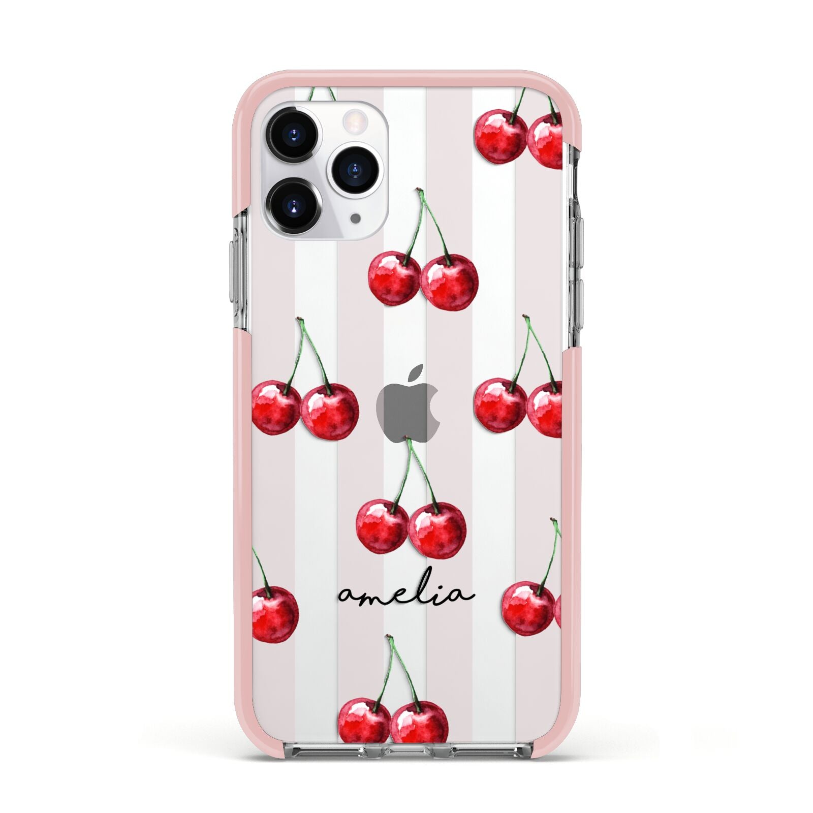 Cherry and Stripes with Name Apple iPhone 11 Pro in Silver with Pink Impact Case