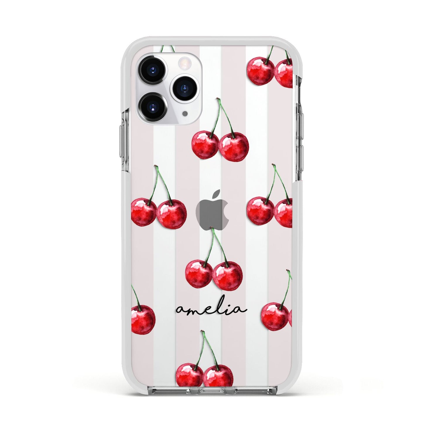 Cherry and Stripes with Name Apple iPhone 11 Pro in Silver with White Impact Case