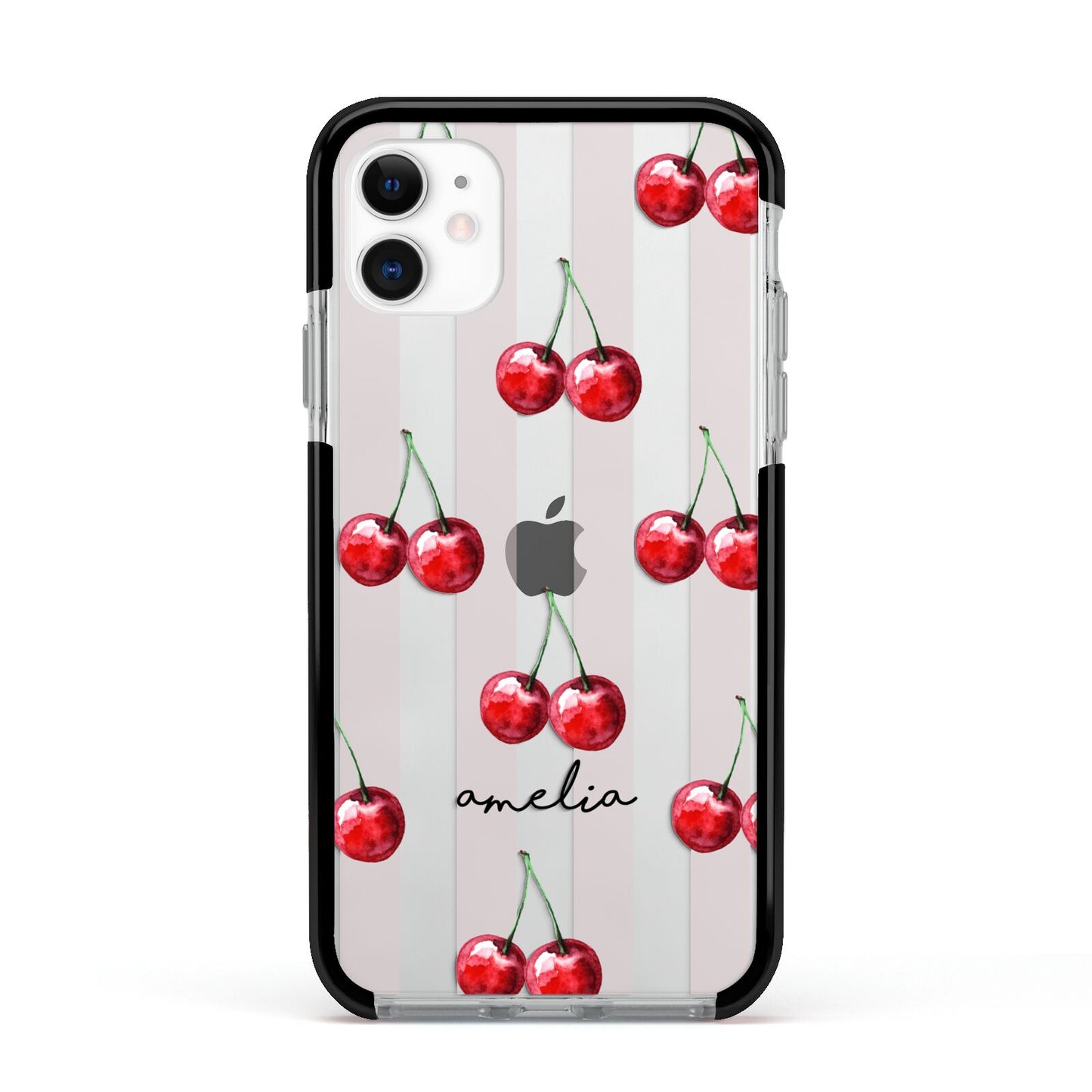 Cherry and Stripes with Name Apple iPhone 11 in White with Black Impact Case