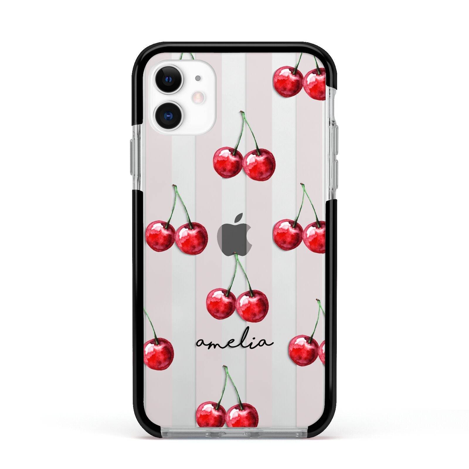 Cherry and Stripes with Name Apple iPhone 11 in White with Black Impact Case