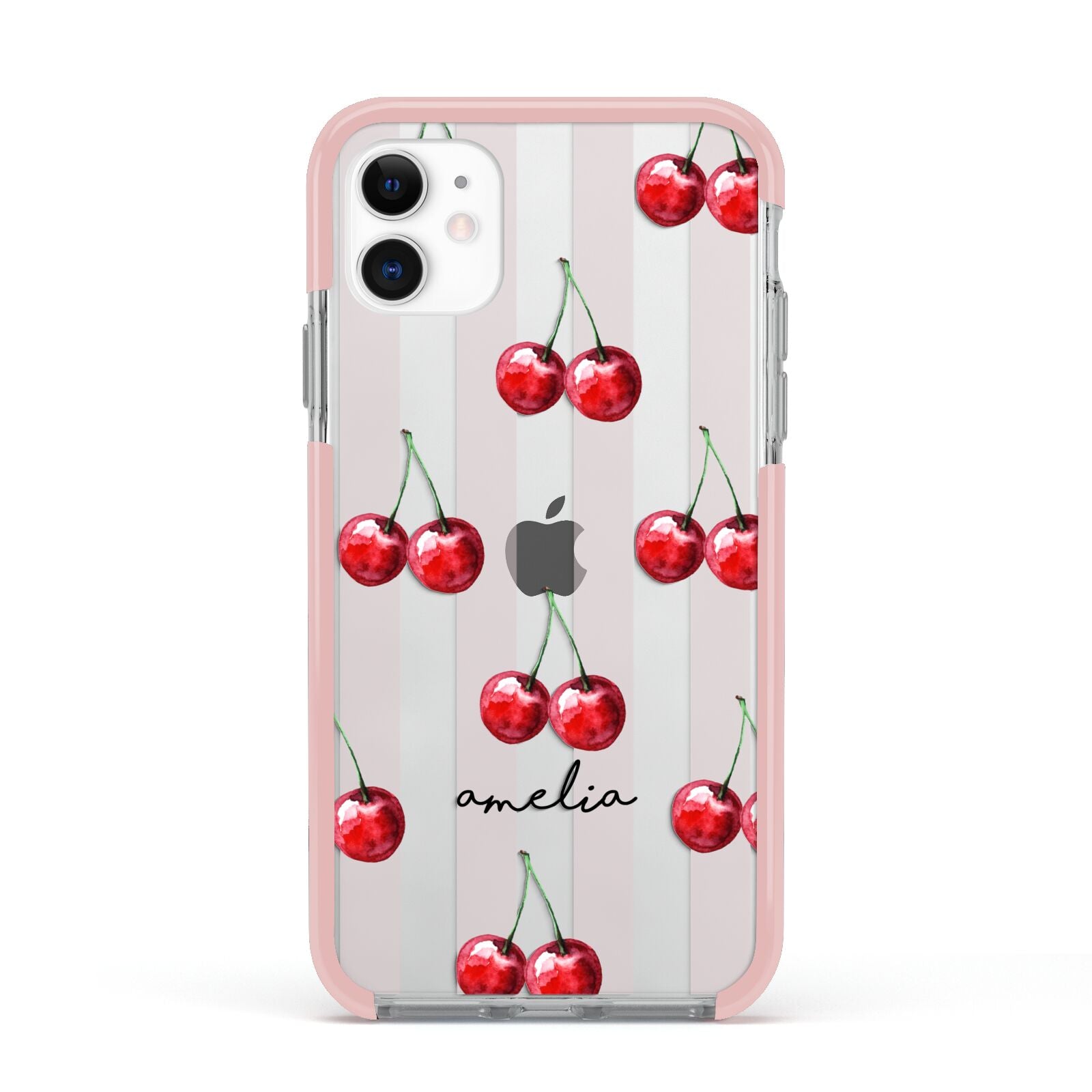 Cherry and Stripes with Name Apple iPhone 11 in White with Pink Impact Case