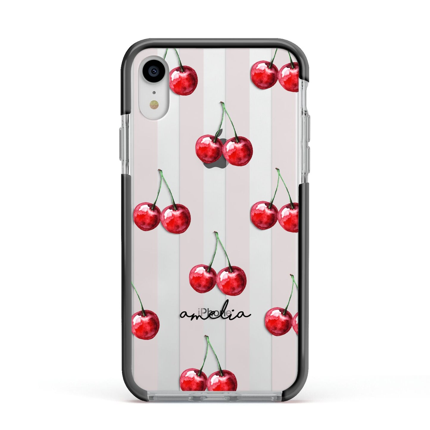 Cherry and Stripes with Name Apple iPhone XR Impact Case Black Edge on Silver Phone