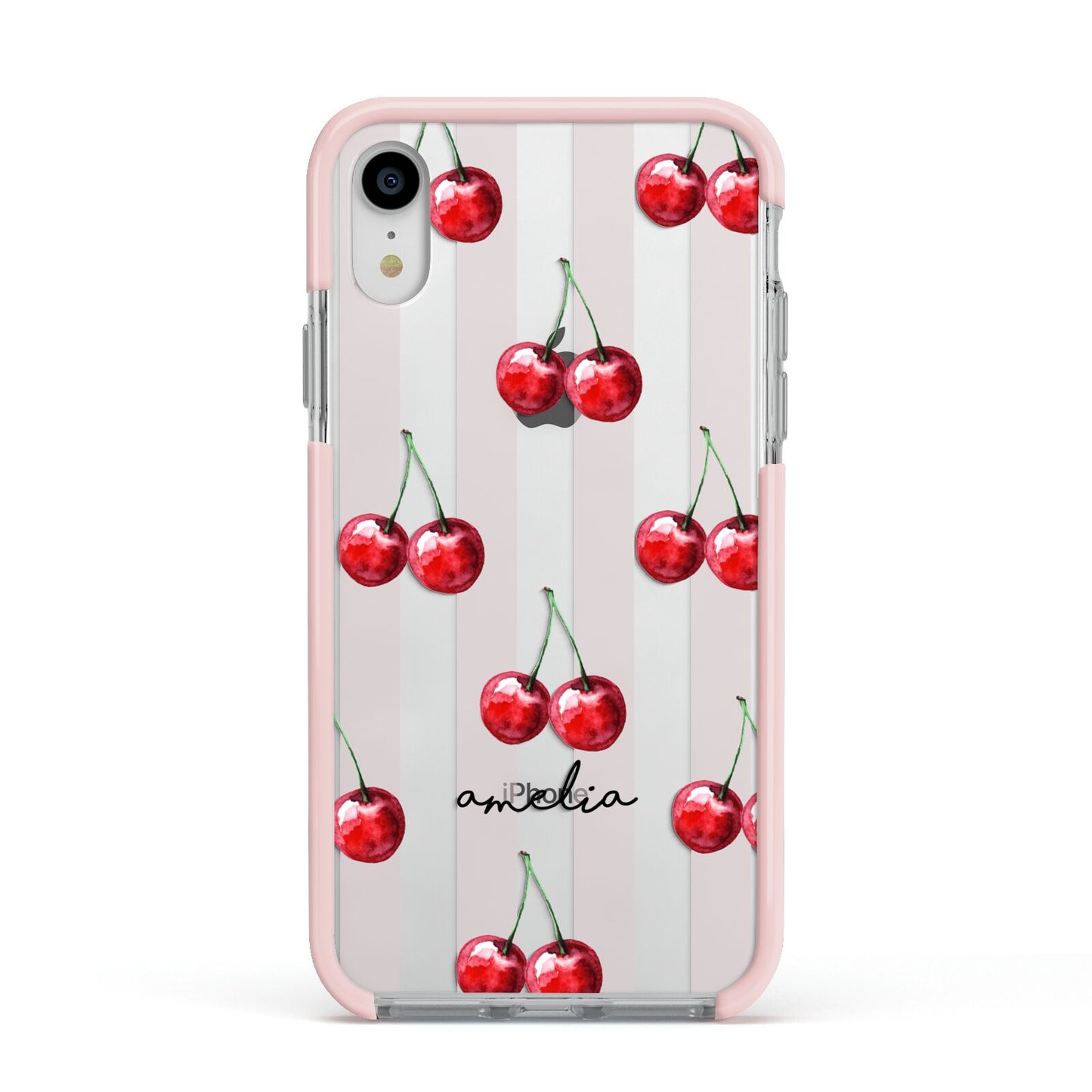 Cherry and Stripes with Name Apple iPhone XR Impact Case Pink Edge on Silver Phone